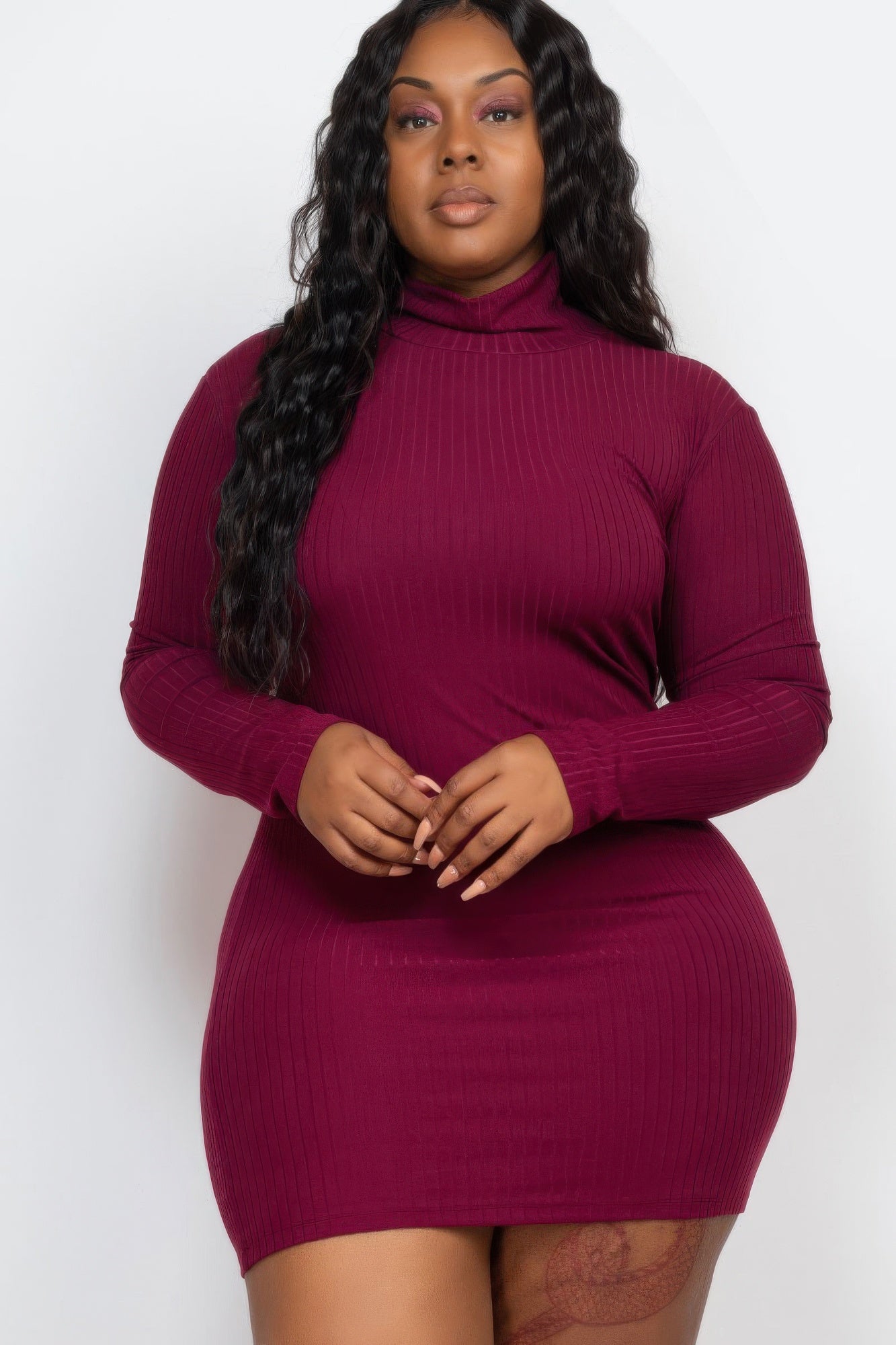 Plus Size Ribbed Long Sleeve Mock Neck Mini Bodycon Dress product image