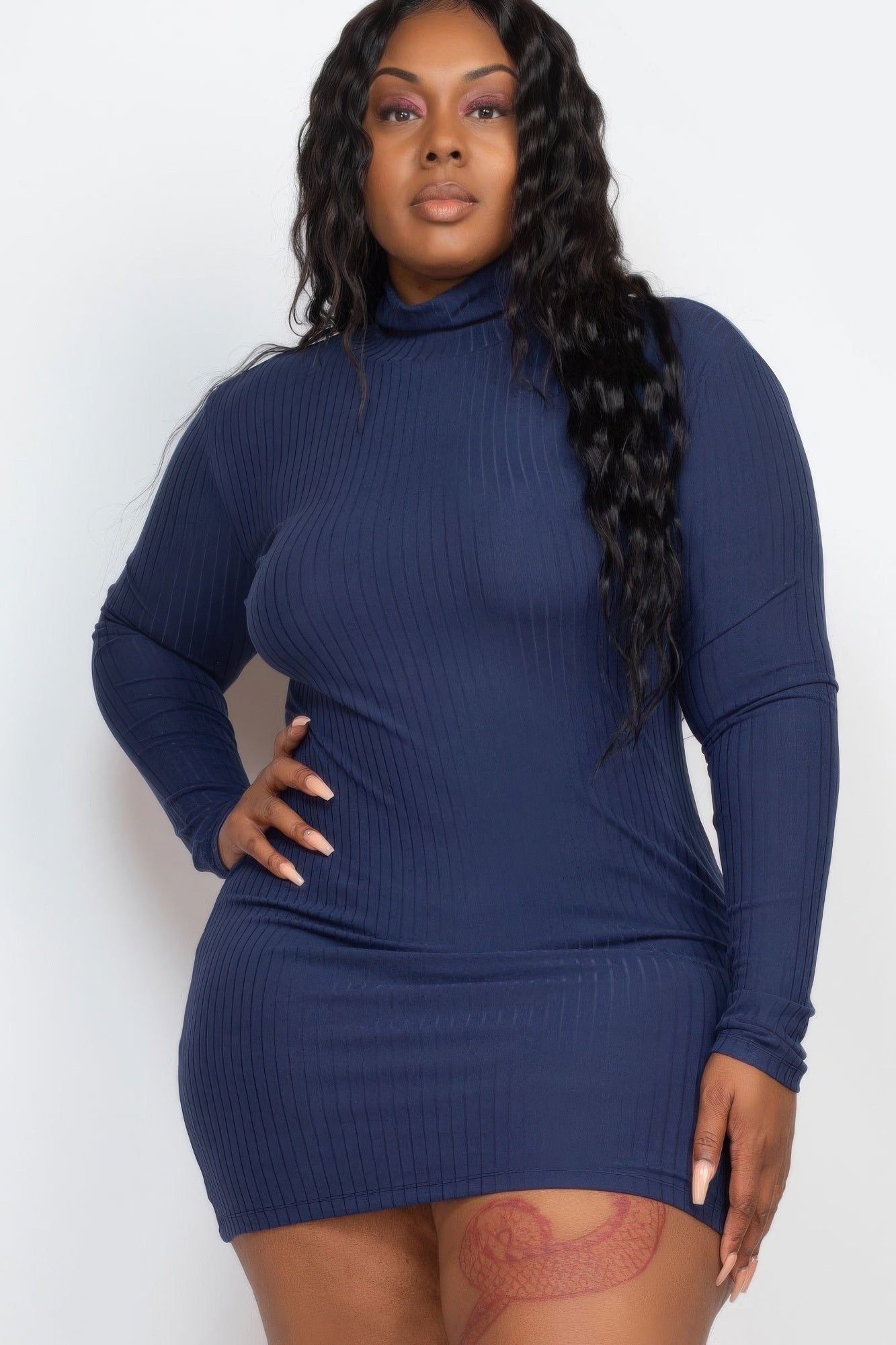 Plus Size Ribbed Long Sleeve Mock Neck Mini Bodycon Dress product image