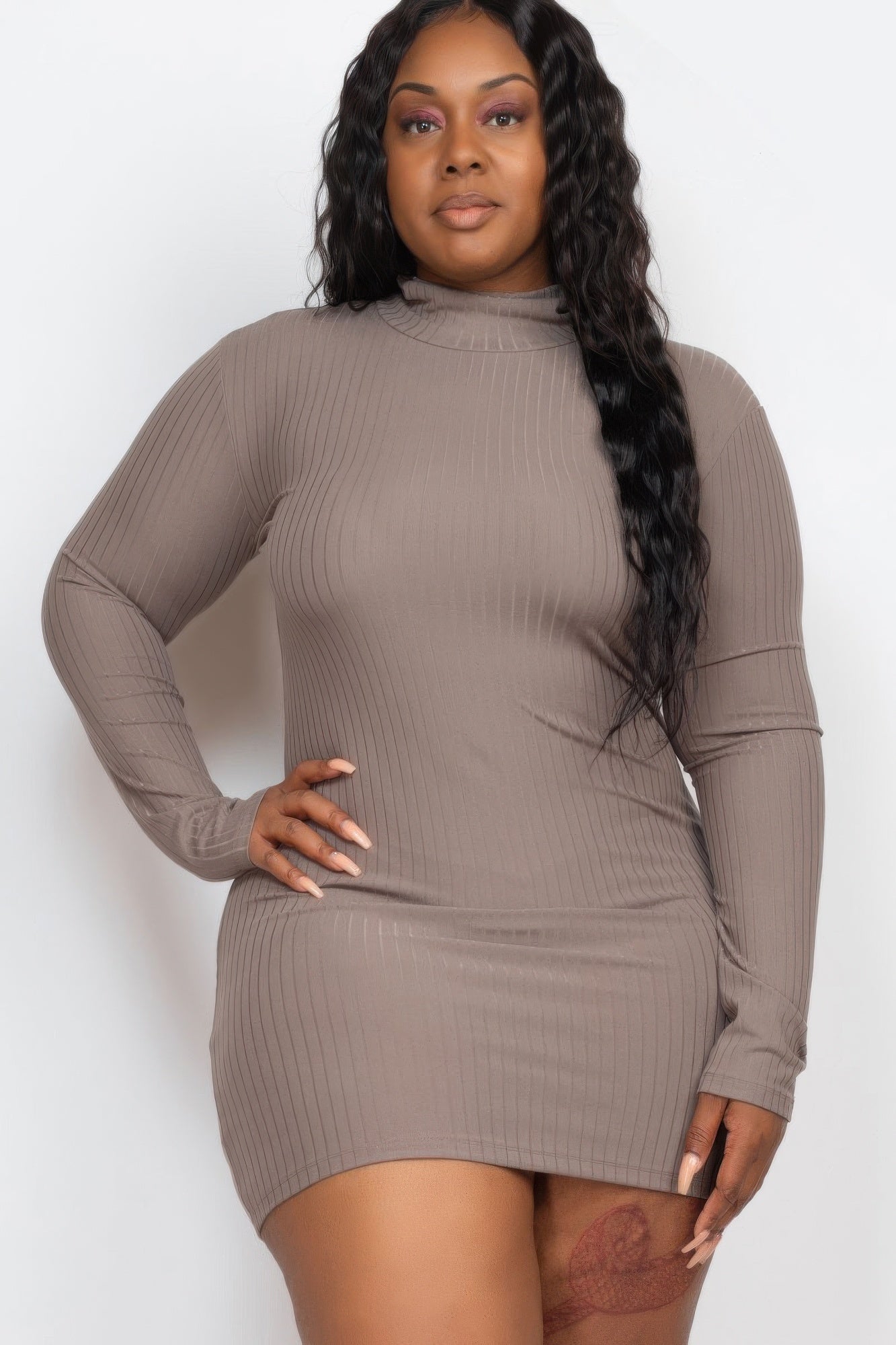 Plus Size Ribbed Long Sleeve Mock Neck Mini Bodycon Dress product image