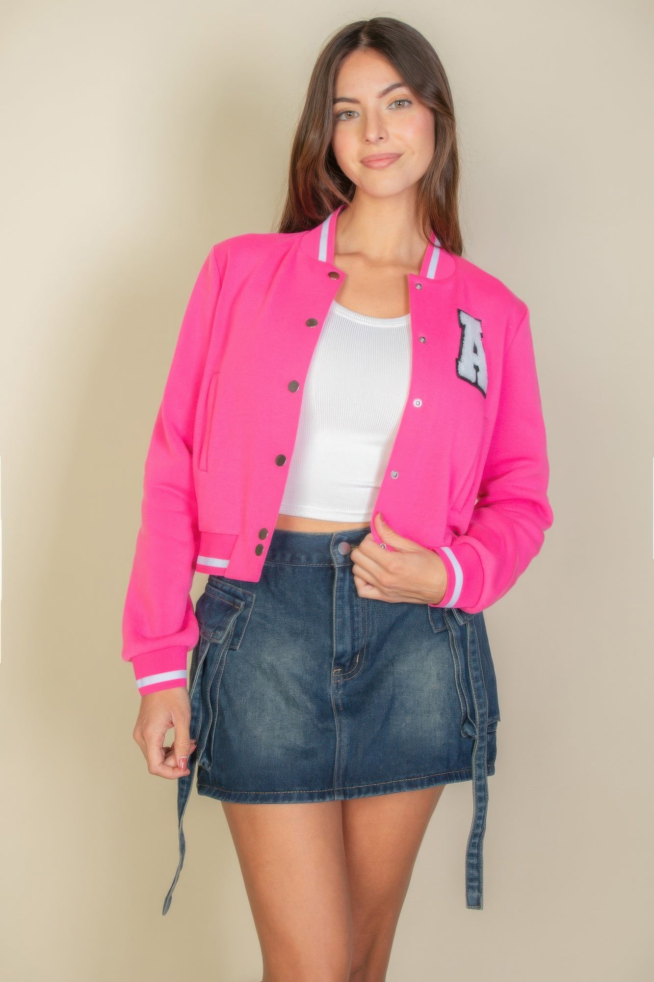 Ezwear Letter Patched Crop Varsity Jacket product image