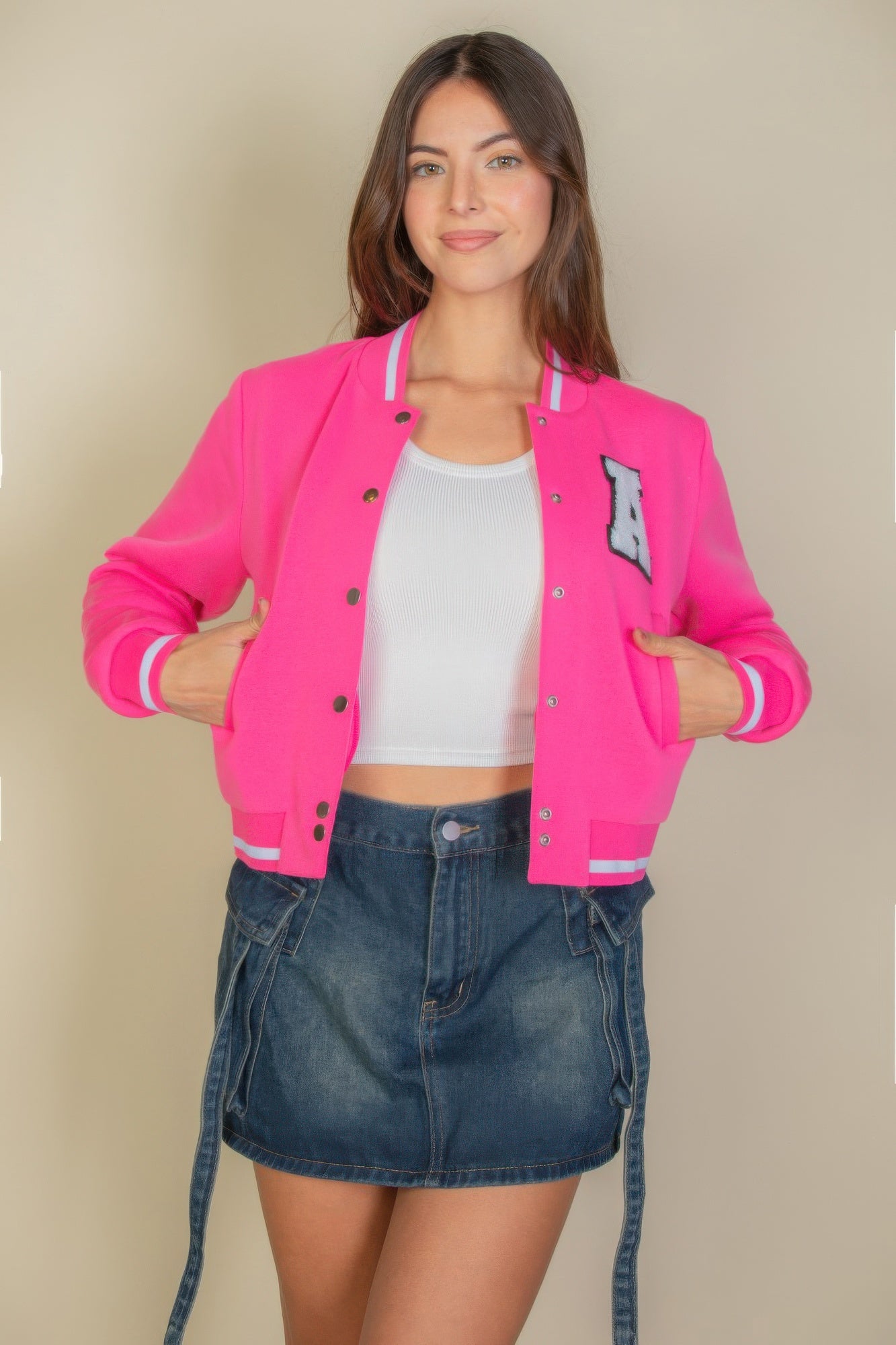 Ezwear Letter Patched Crop Varsity Jacket product image