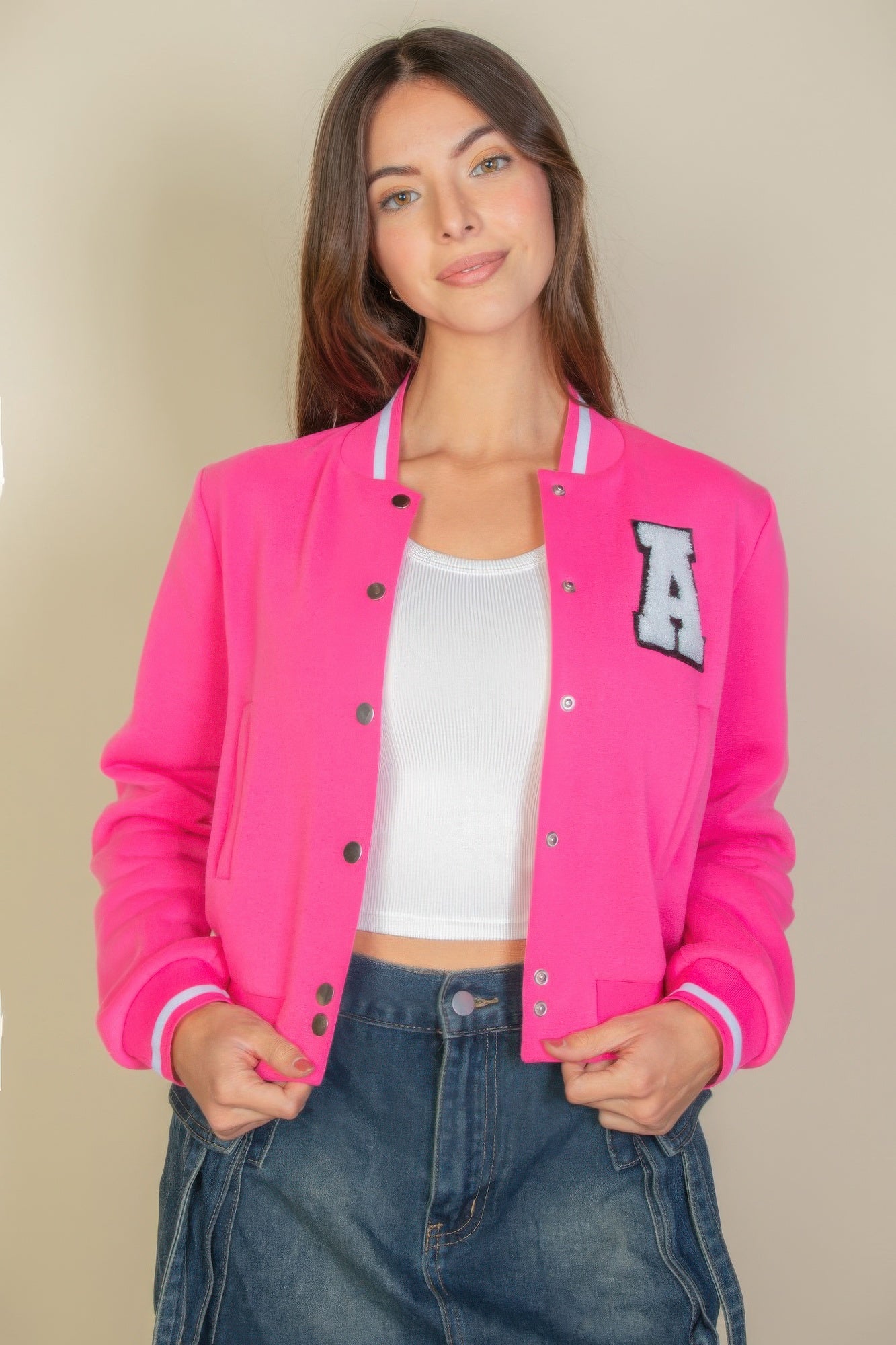 Ezwear Letter Patched Crop Varsity Jacket product image