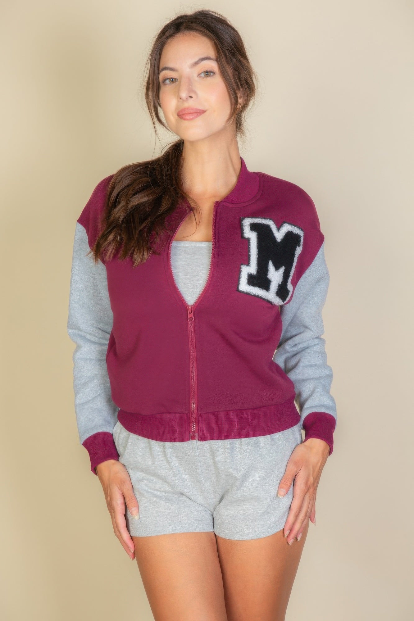 Letter Patched Striped Trim Varsity Jacket product image