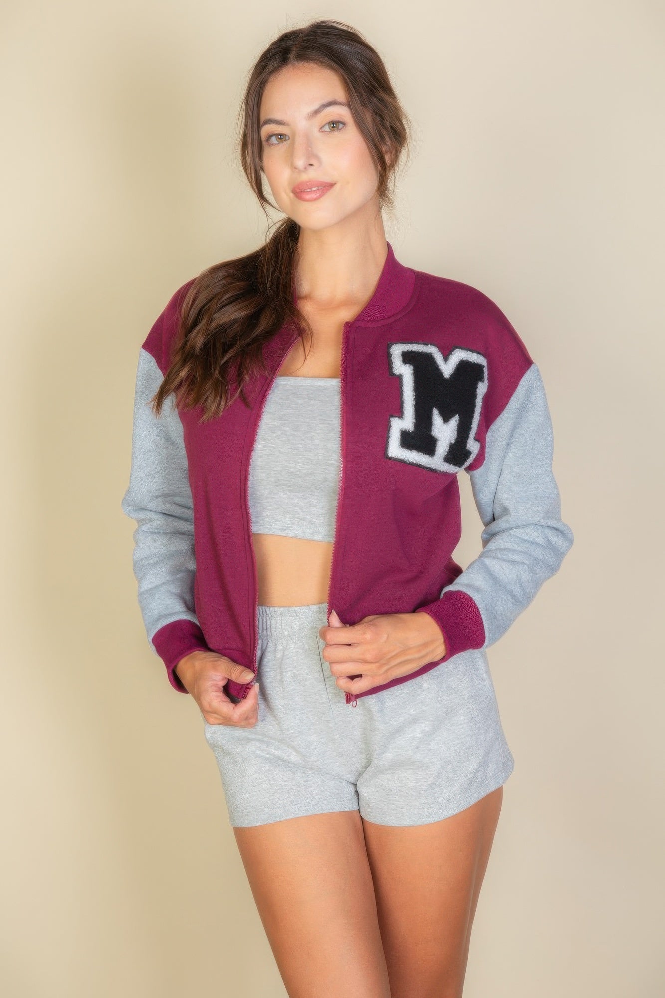 Letter Patched Striped Trim Varsity Jacket product image