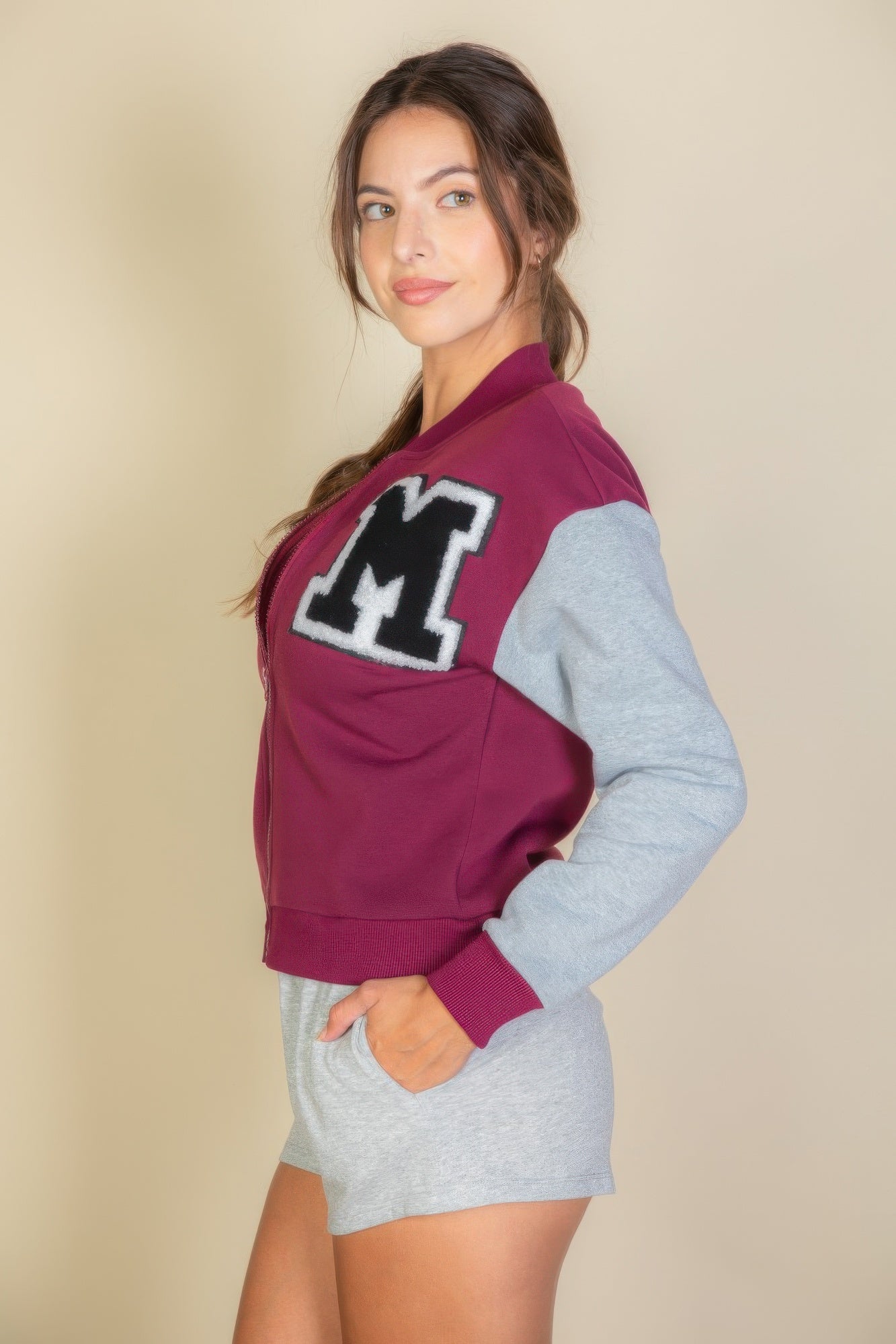 Letter Patched Striped Trim Varsity Jacket product image
