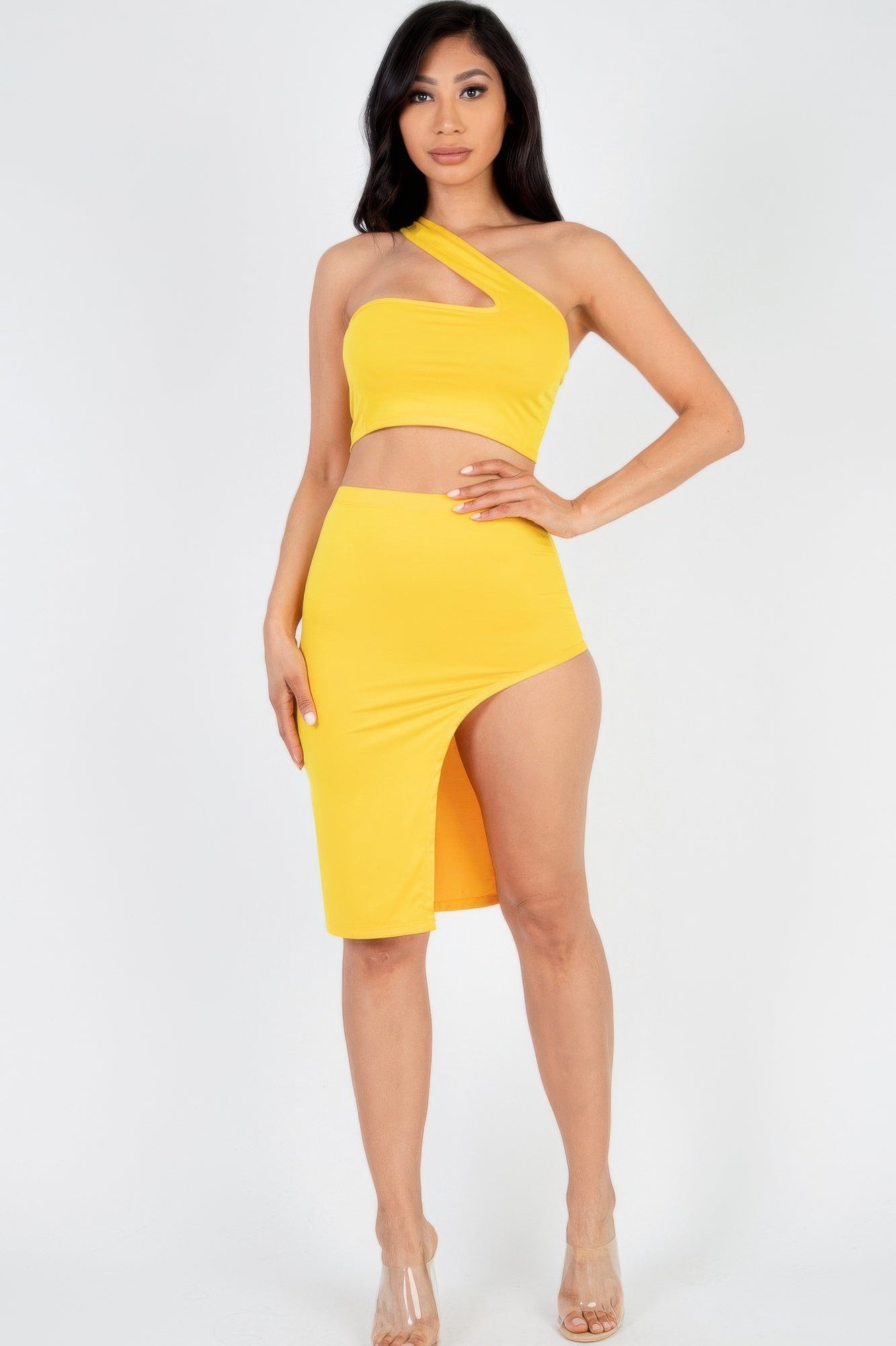 Sexy Solid One Shoulder Crop Top & Split Thigh Midi Skirt Set product image