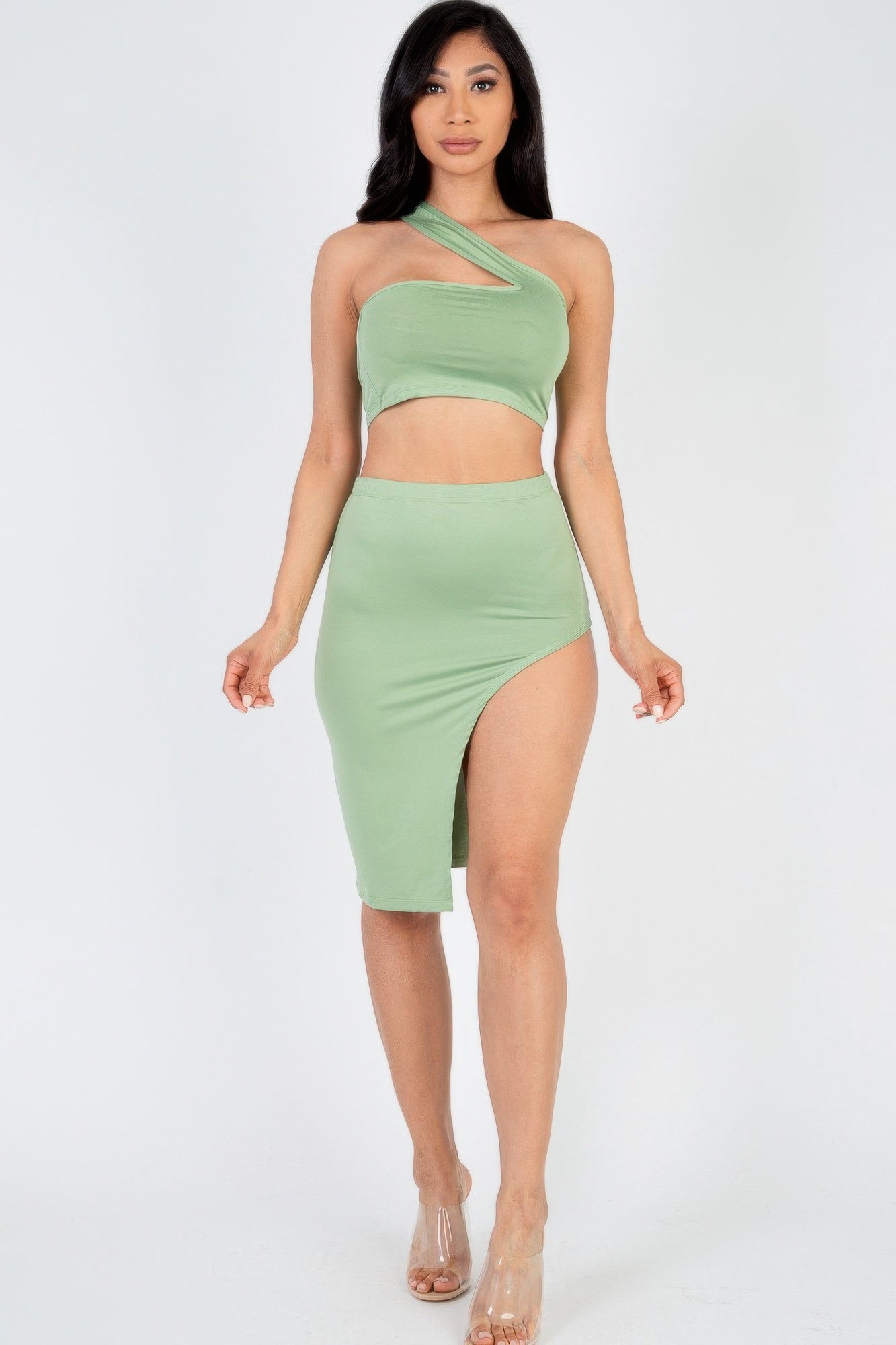 Sexy Solid One Shoulder Crop Top & Split Thigh Midi Skirt Set product image