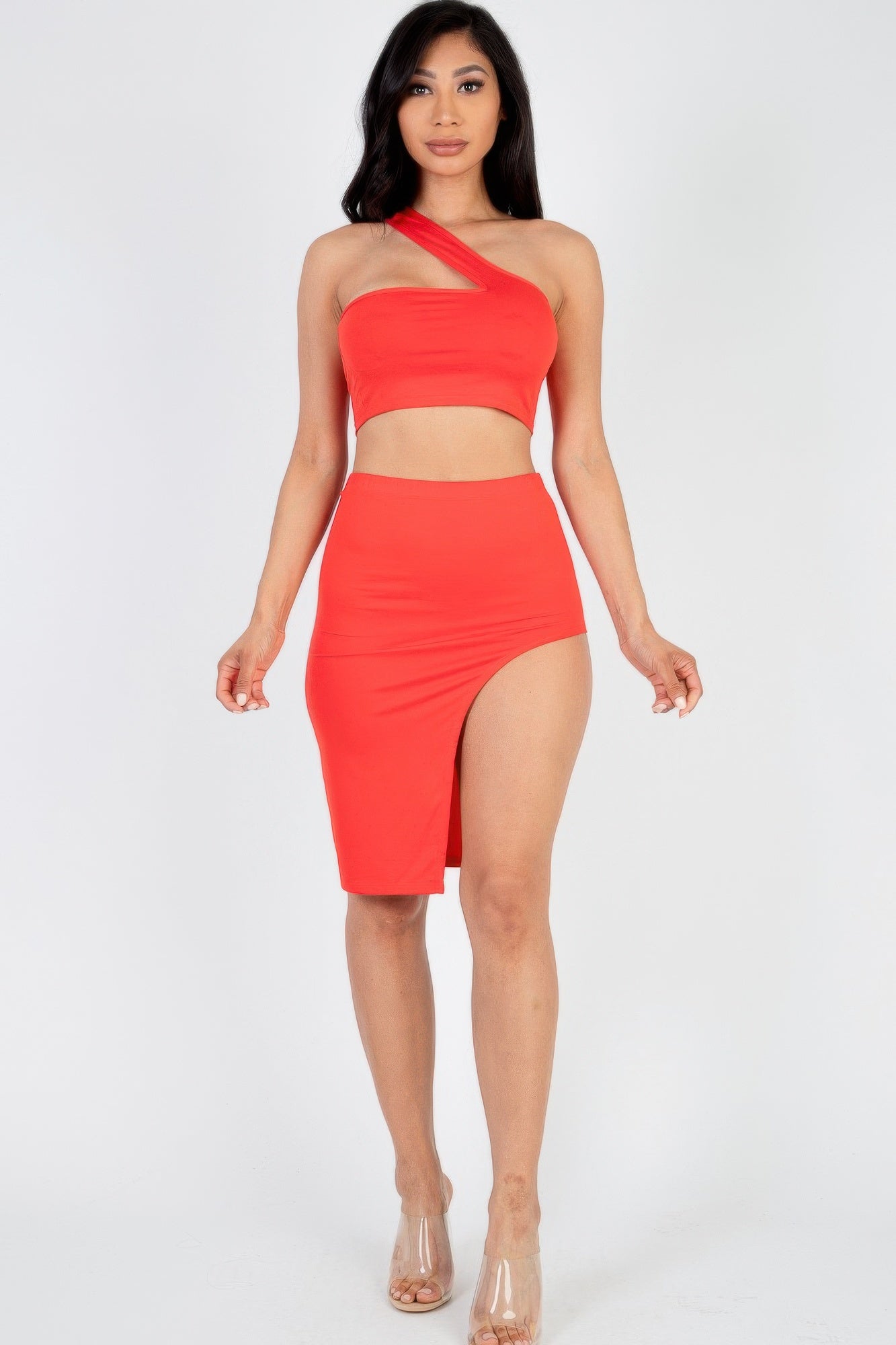 Sexy Solid One Shoulder Crop Top & Split Thigh Midi Skirt Set product image