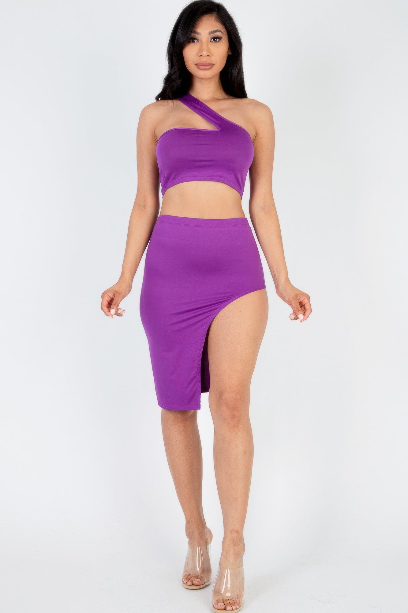 Sexy Solid One Shoulder Crop Top & Split Thigh Midi Skirt Set product image
