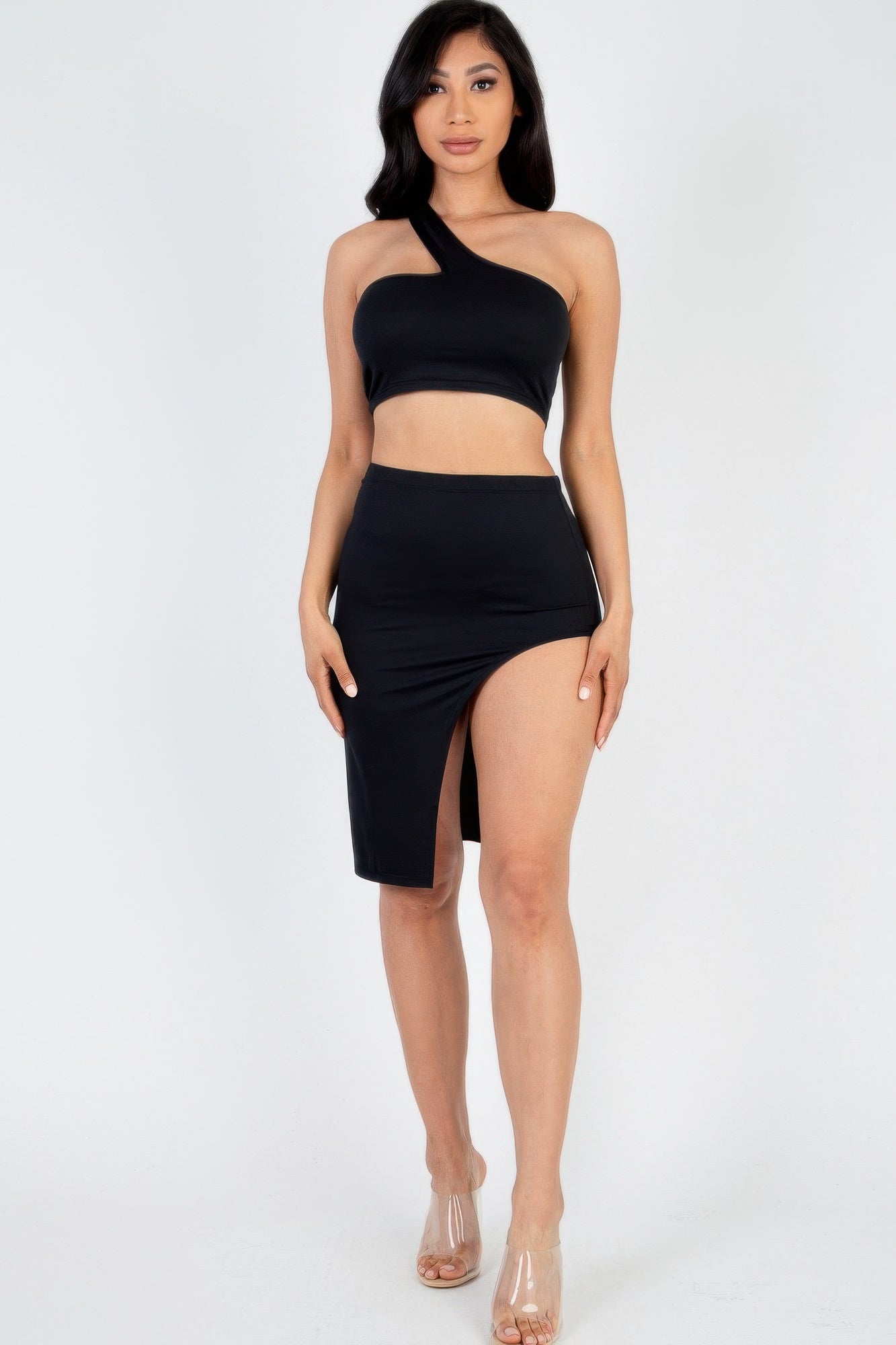 Sexy Solid One Shoulder Crop Top & Split Thigh Midi Skirt Set product image