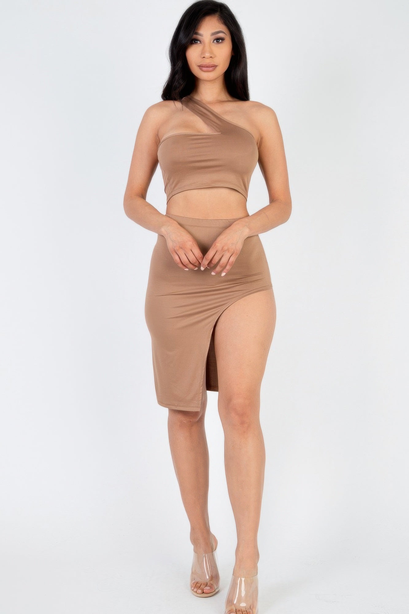 Sexy Solid One Shoulder Crop Top & Split Thigh Midi Skirt Set product image