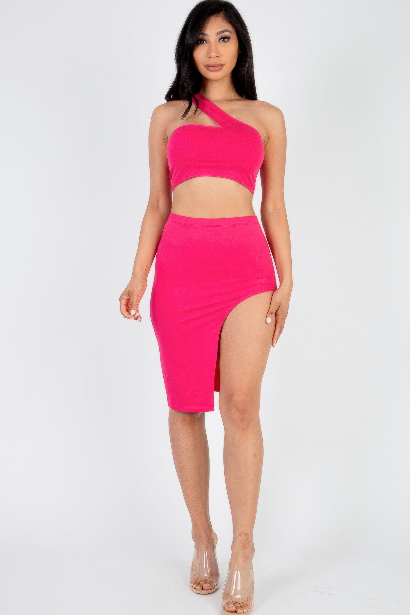 Sexy Solid One Shoulder Crop Top & Split Thigh Midi Skirt Set product image