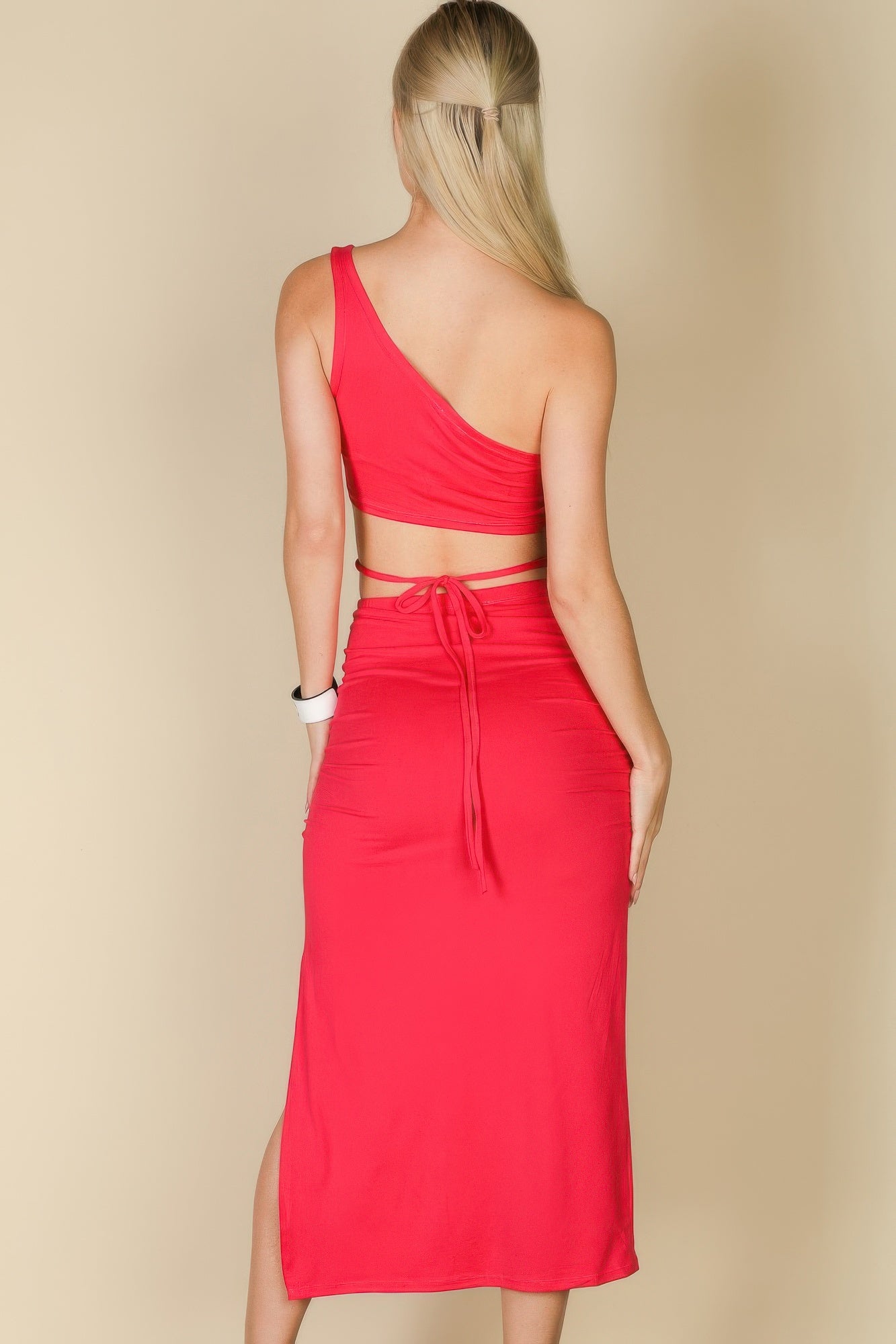 Sexy Solid Color One Shoulder Crop Top & Drawstring Ruched Crisscross Tie Back Side Slit Hem Skirt Set product image