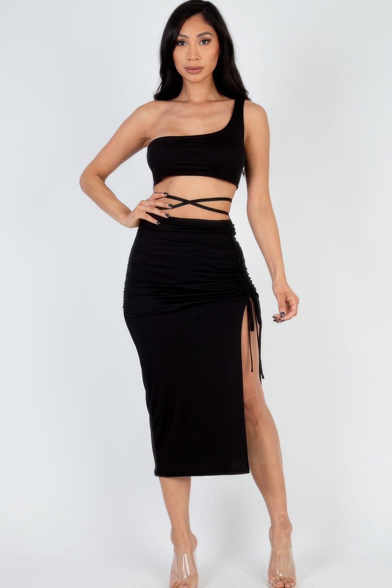 Sexy Solid Color One Shoulder Crop Top & Drawstring Ruched Crisscross Tie Back Side Slit Hem Skirt Set product image