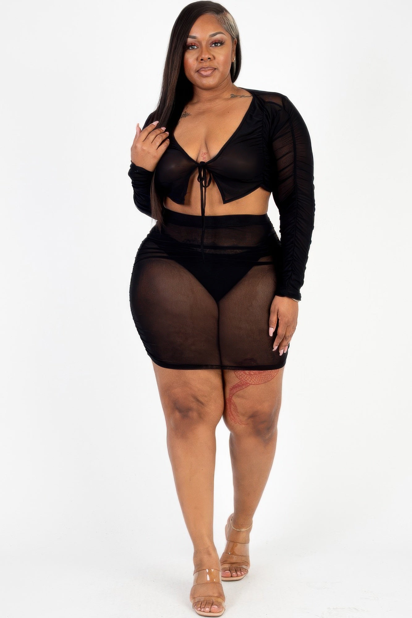 Plus Size Sheer Mesh Tie Front Crop Top & Ruched Side Mini Dress product image