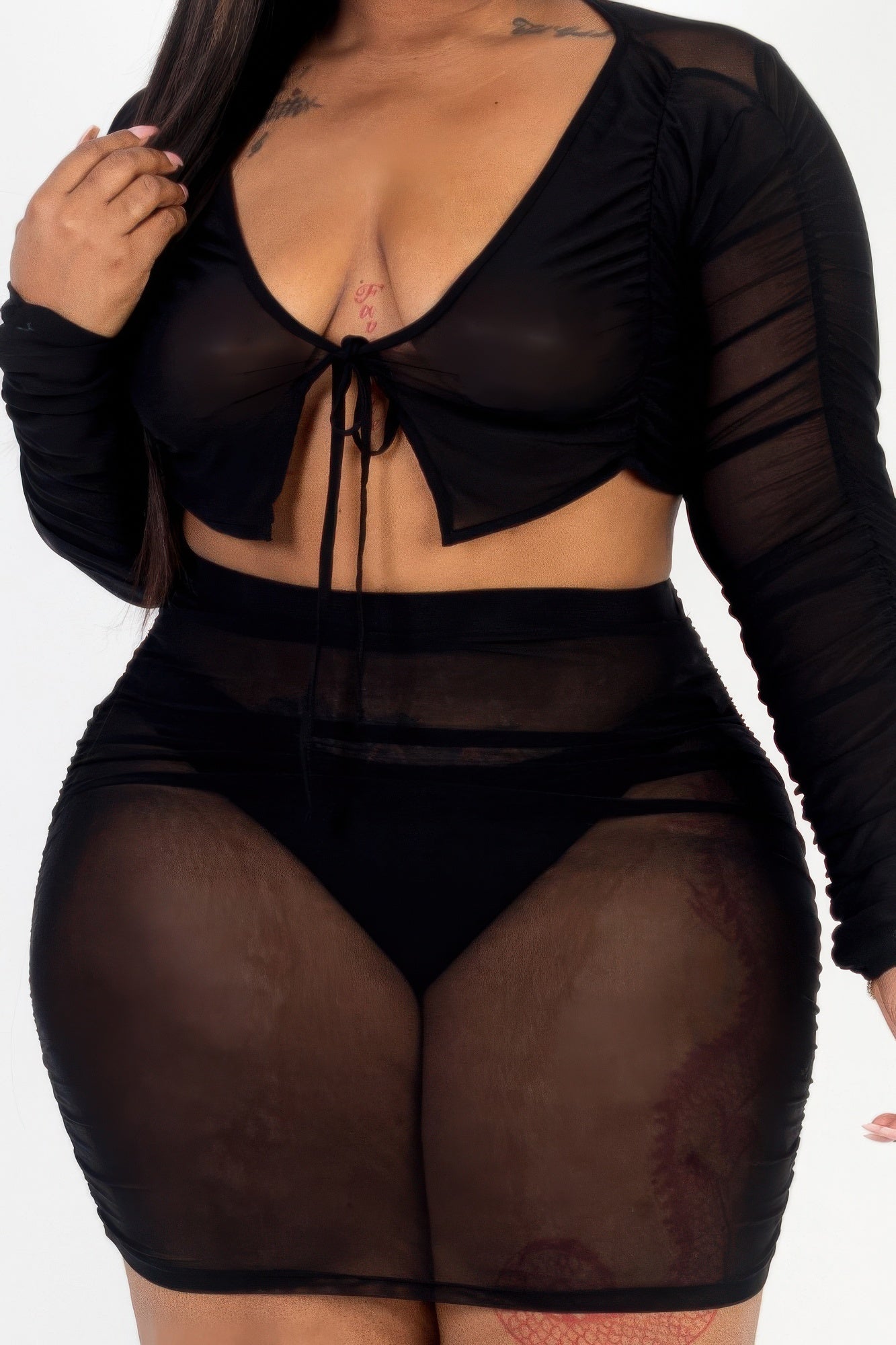 Plus Size Sheer Mesh Tie Front Crop Top & Ruched Side Mini Dress product image