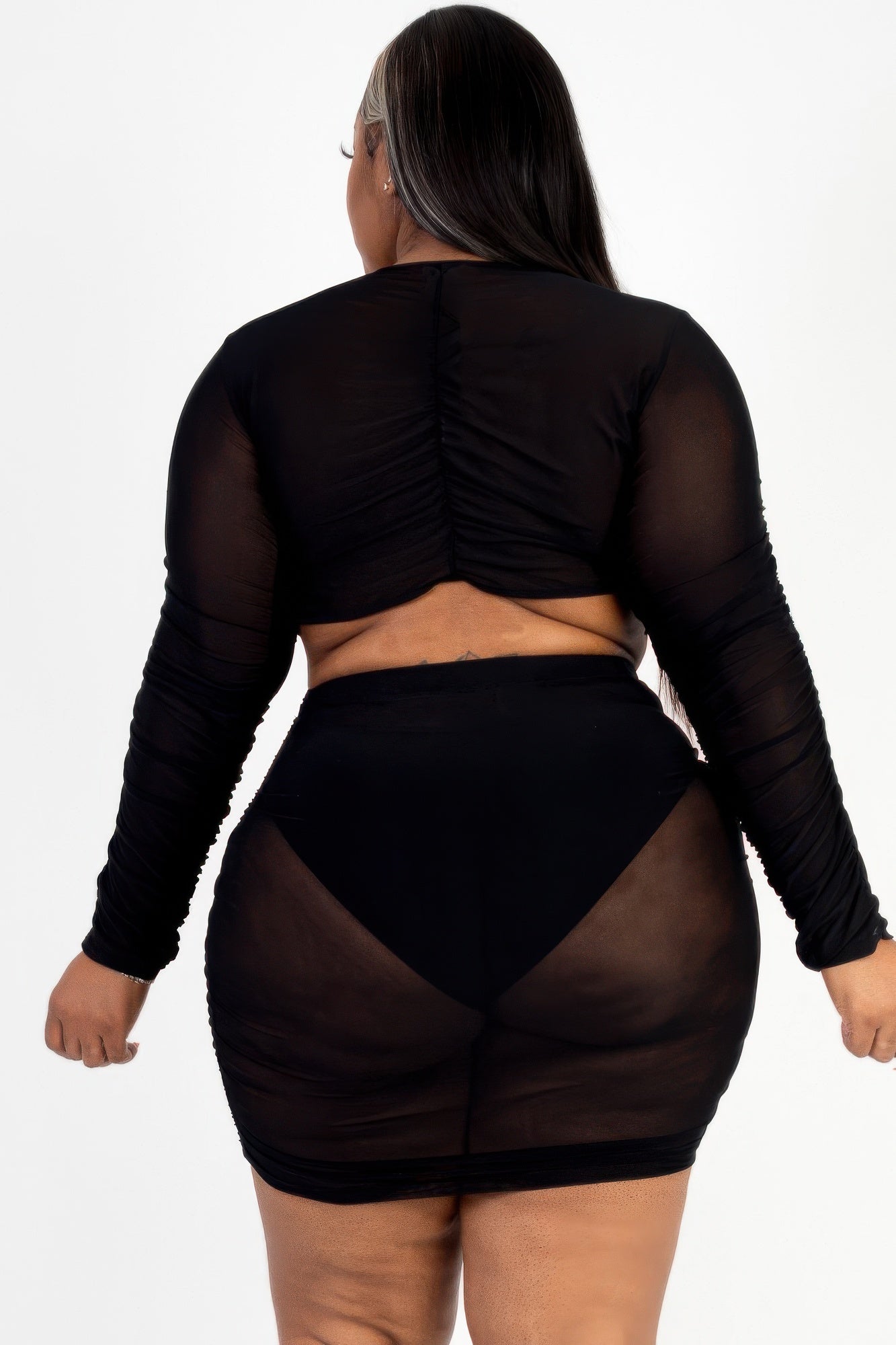 Plus Size Sheer Mesh Tie Front Crop Top & Ruched Side Mini Dress product image
