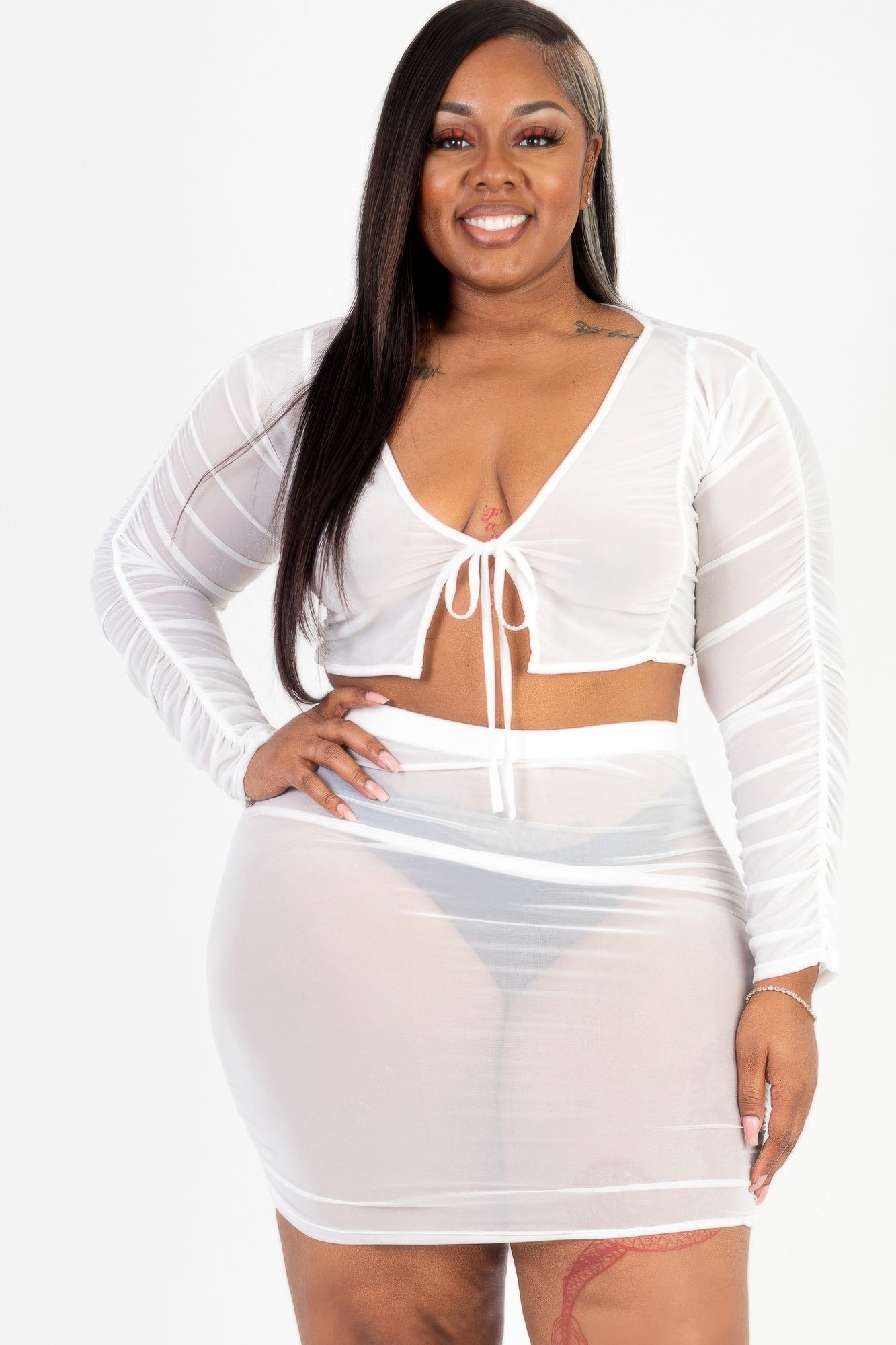 Plus Size Sheer Mesh Tie Front Crop Top & Ruched Side Mini Dress product image