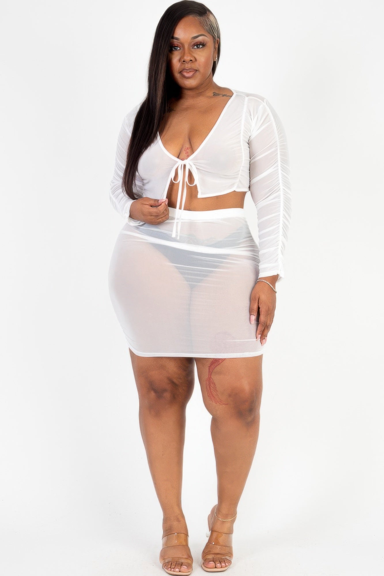 Plus Size Sheer Mesh Tie Front Crop Top & Ruched Side Mini Dress product image