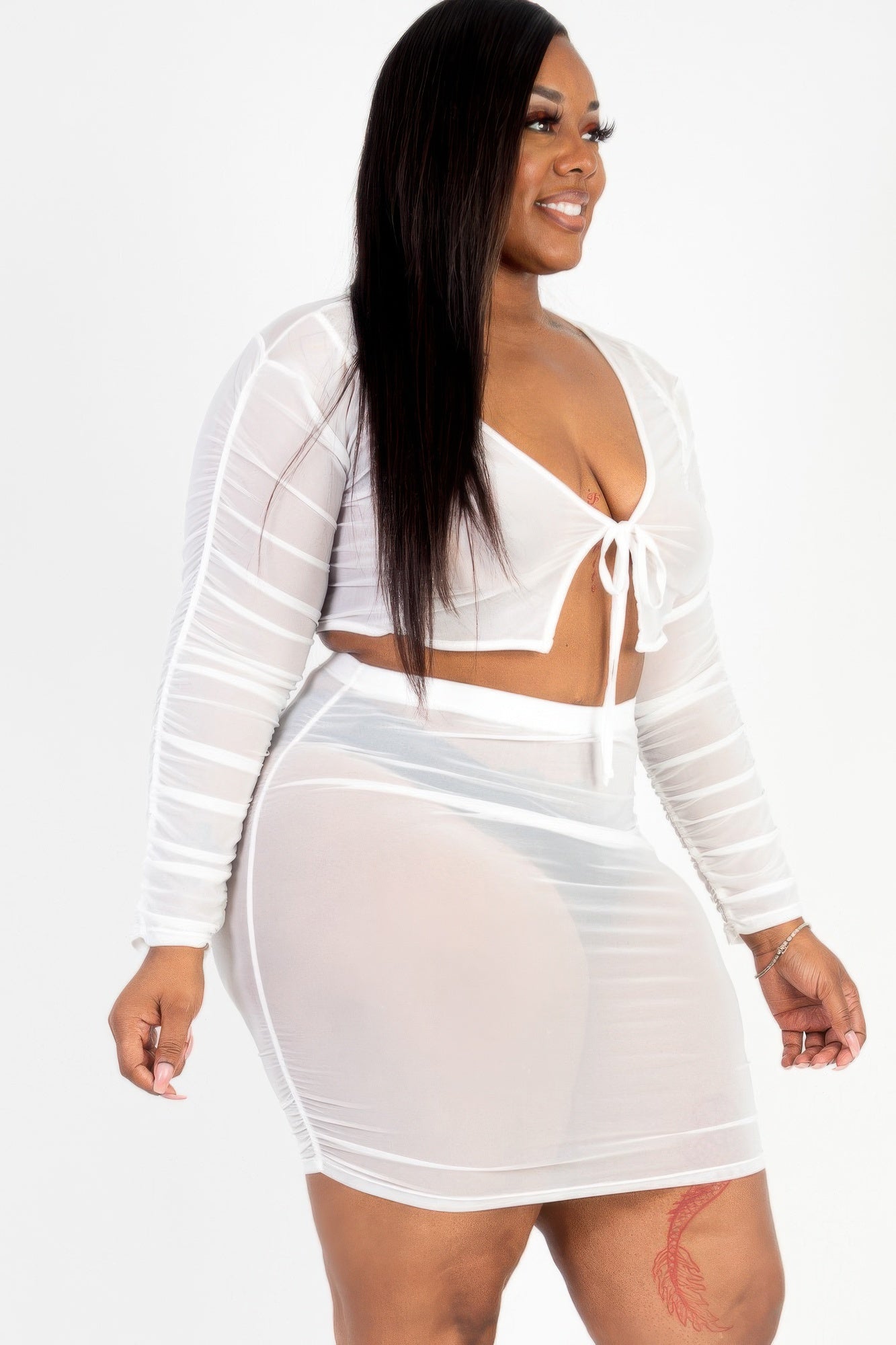 Plus Size Sheer Mesh Tie Front Crop Top & Ruched Side Mini Dress product image
