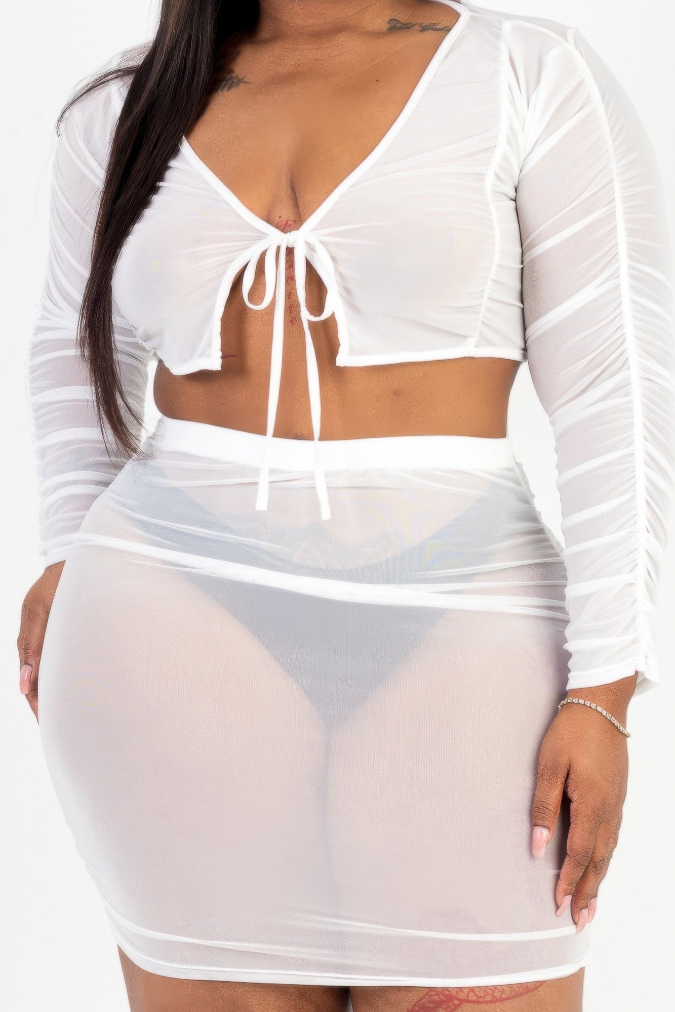 Plus Size Sheer Mesh Tie Front Crop Top & Ruched Side Mini Dress product image