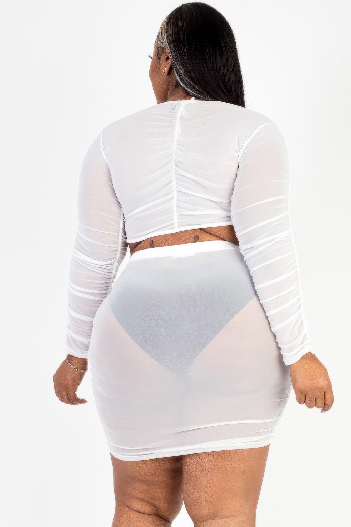 Plus Size Sheer Mesh Tie Front Crop Top & Ruched Side Mini Dress product image
