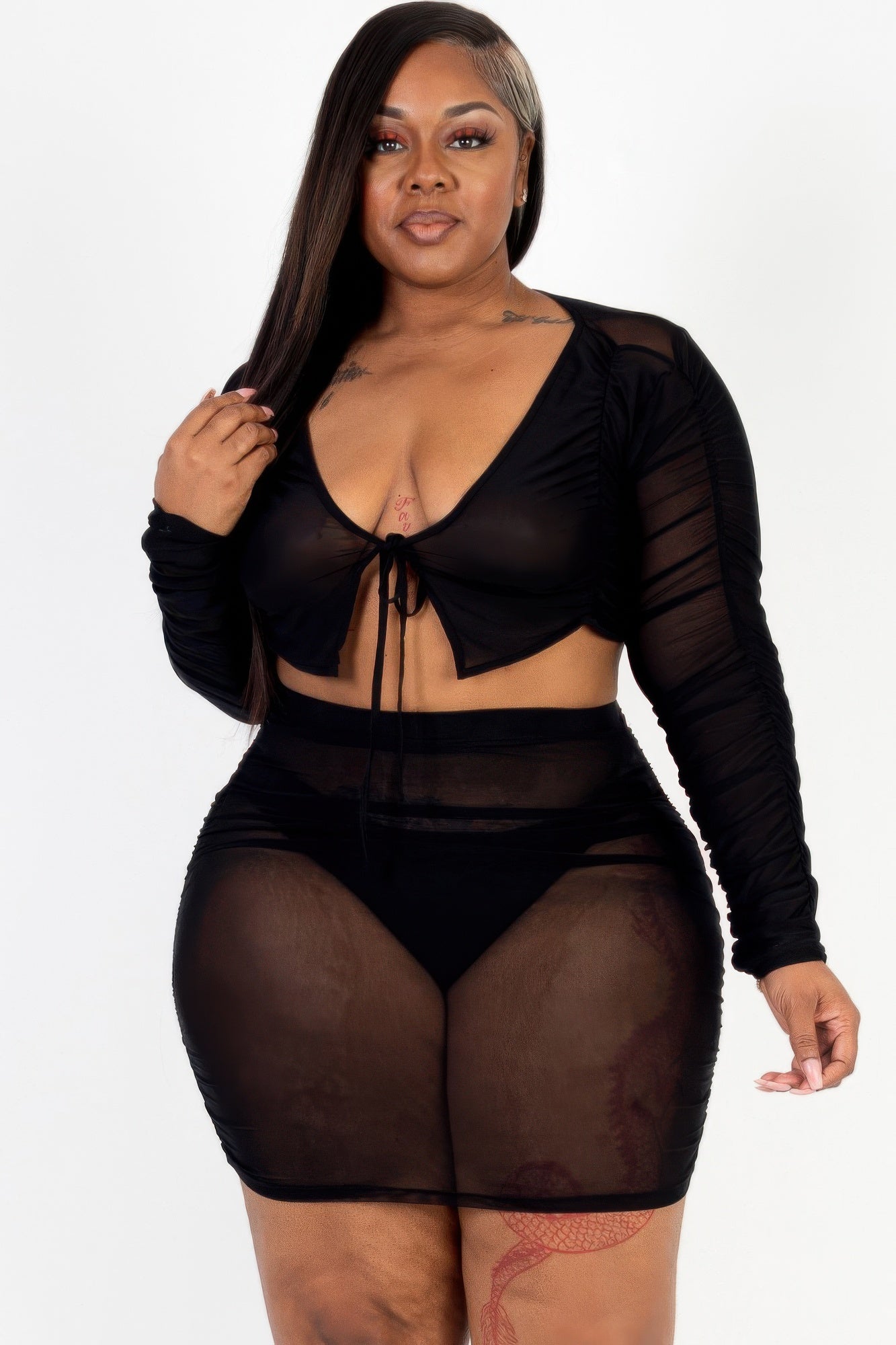 Plus Size Sheer Mesh Tie Front Crop Top & Ruched Side Mini Dress product image