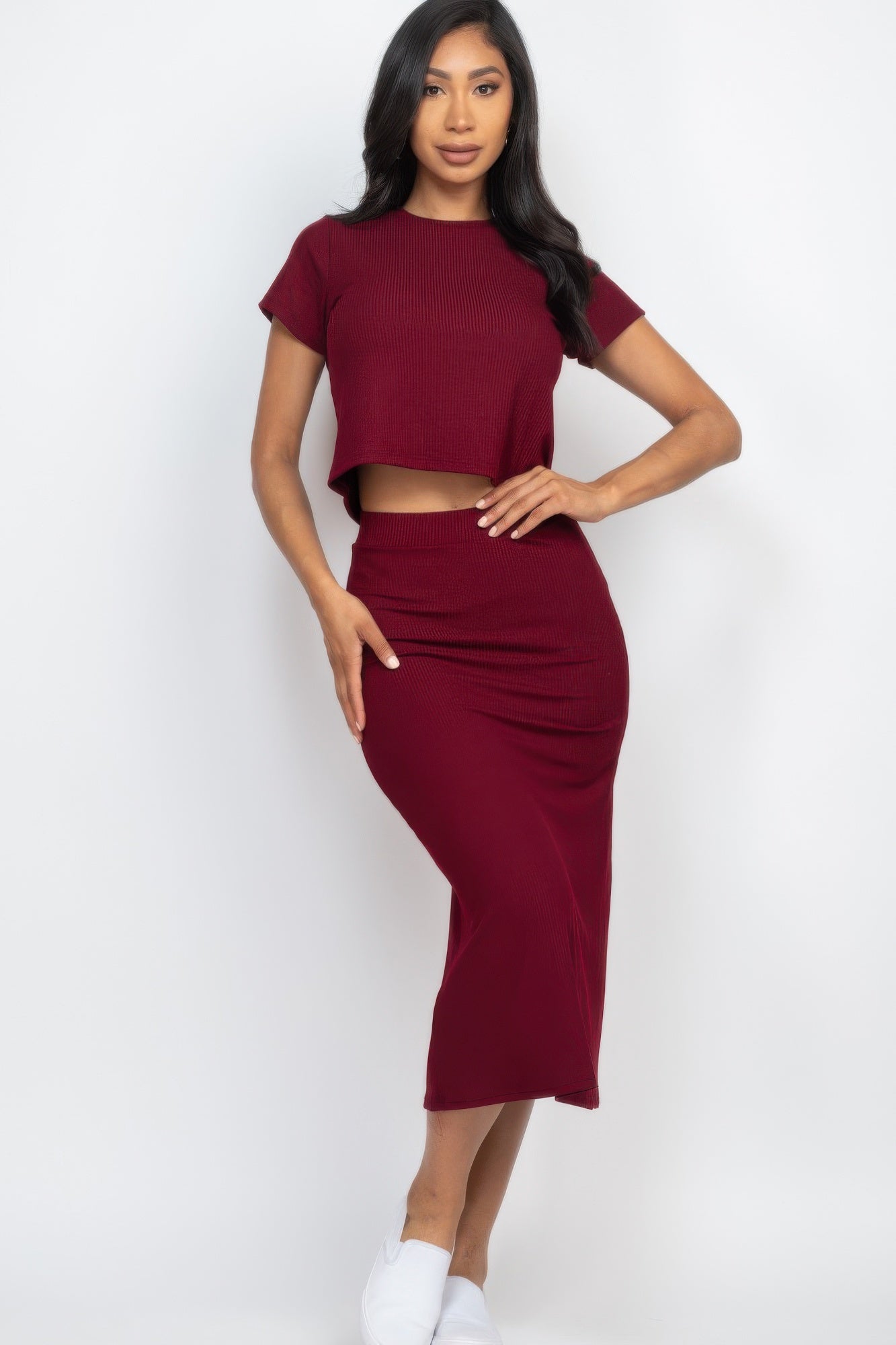 Short Sleeve Ribbed Top & Midi Skirt Se product image