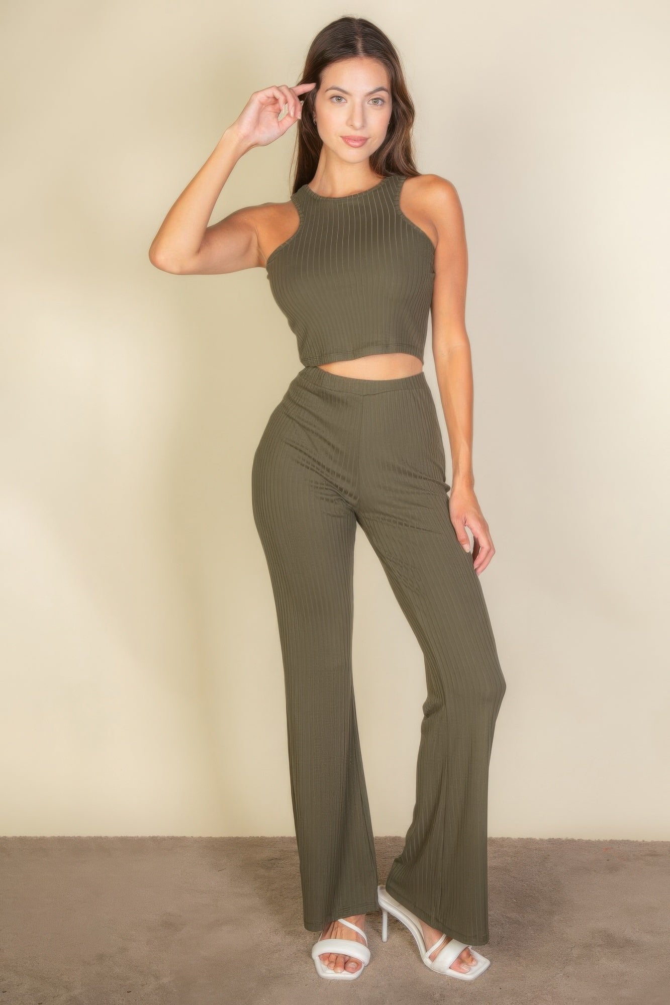Ribbed Cropped Top And Bootcut Pants Sets product image