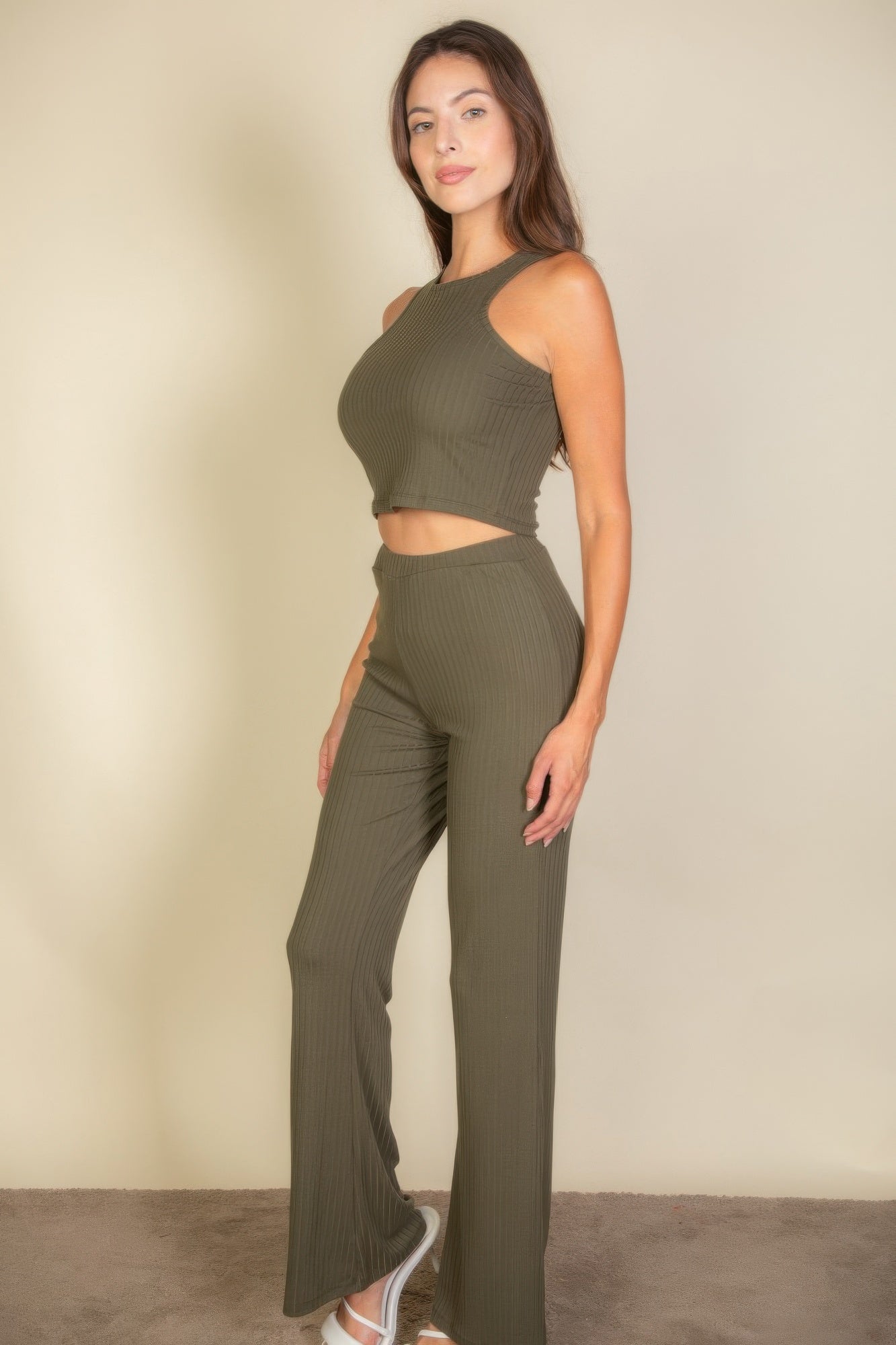 Ribbed Cropped Top And Bootcut Pants Sets product image