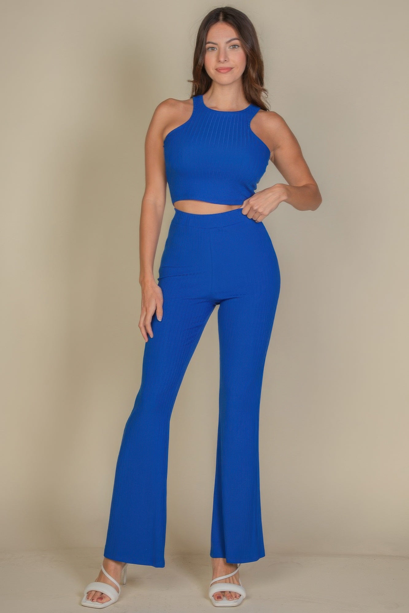 Ribbed Cropped Top And Bootcut Pants Sets product image