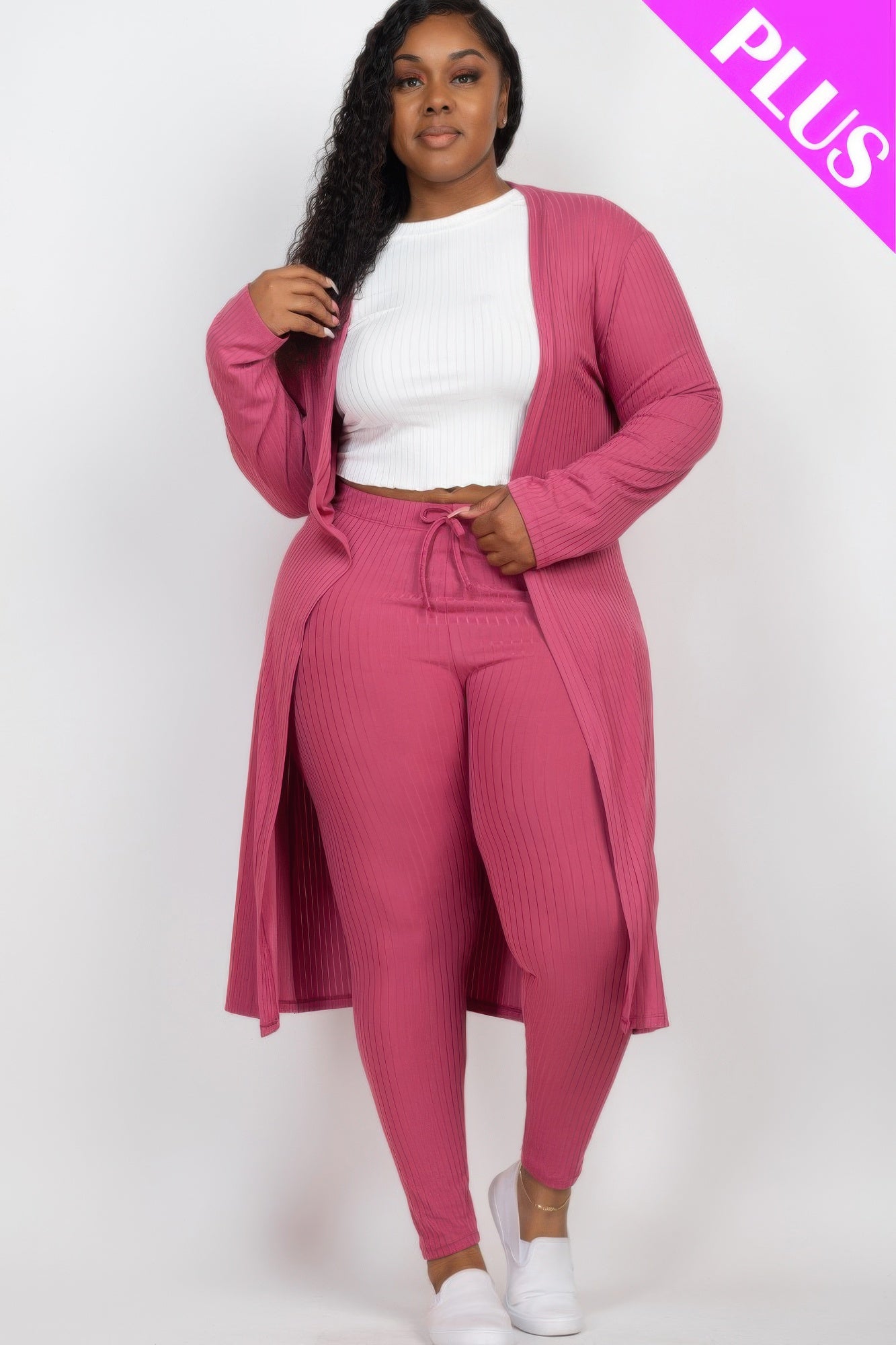 Plus Size Ribbed Long Cardigan & Leggings Set product image