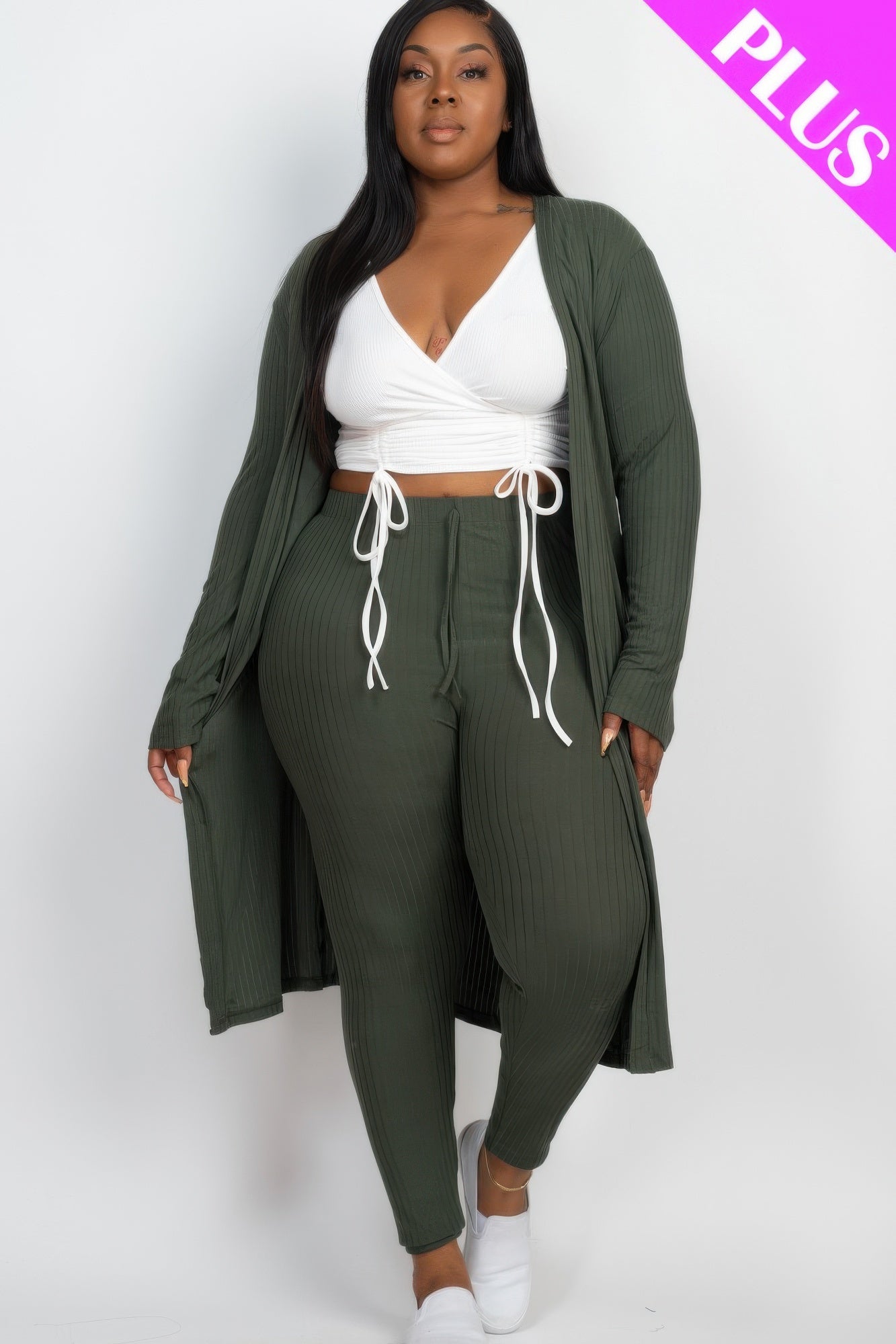 Plus Size Ribbed Long Cardigan & Leggings Set product image