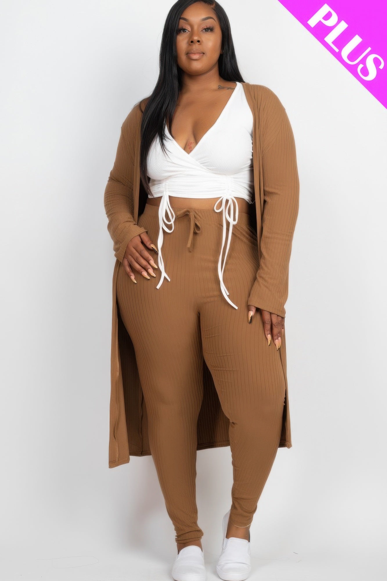 Plus Size Ribbed Long Cardigan & Leggings Set product image