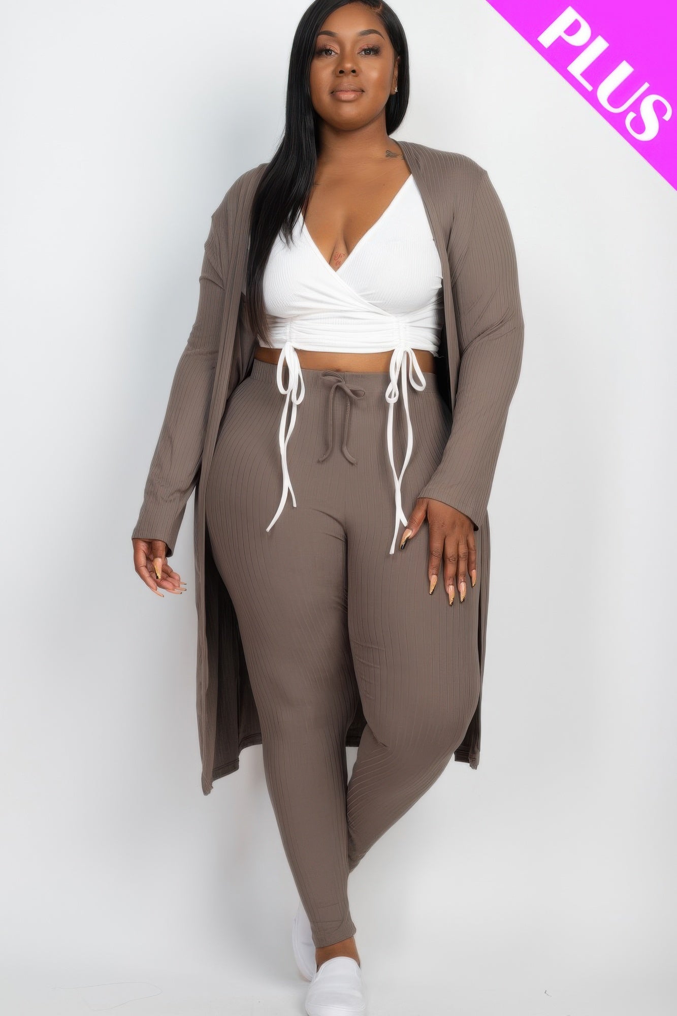 Plus Size Ribbed Long Cardigan & Leggings Set product image