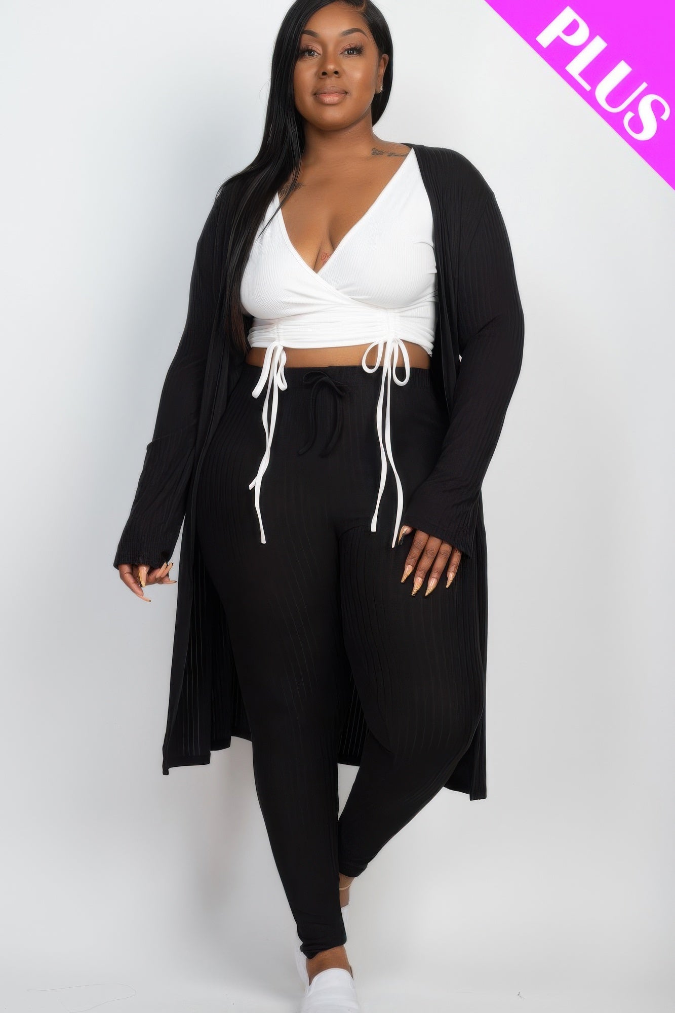 Plus Size Ribbed Long Cardigan & Leggings Set product image
