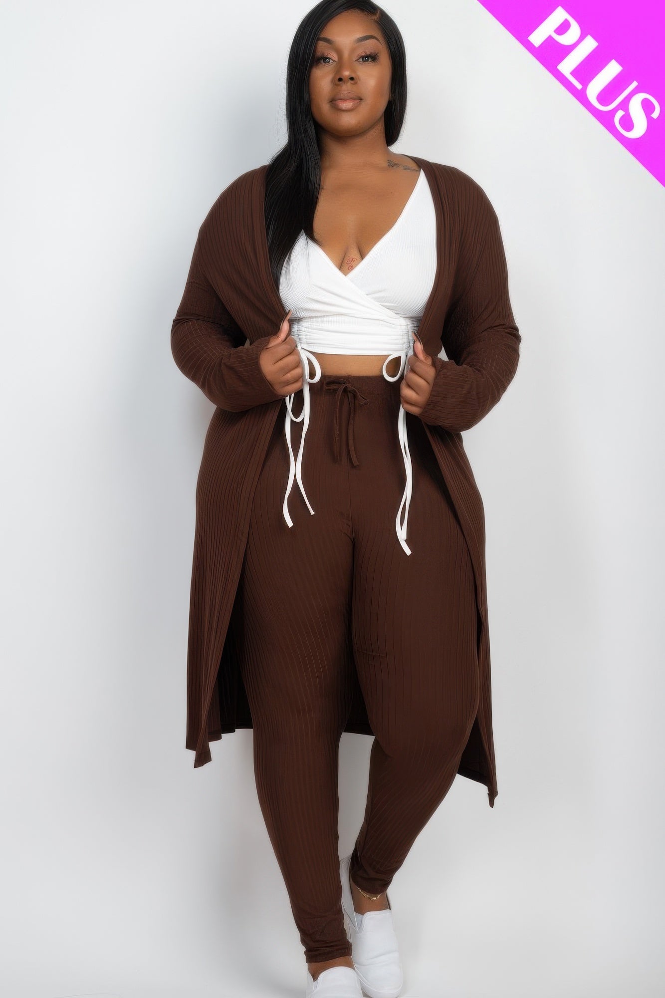 Plus Size Ribbed Long Cardigan & Leggings Set product image