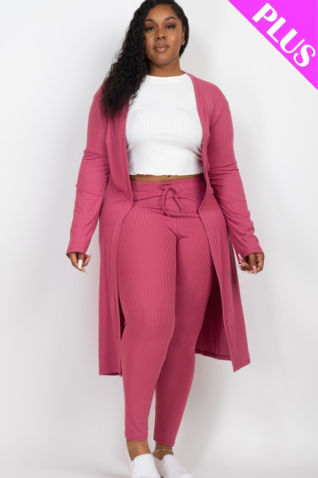 Plus Size Ribbed Long Cardigan & Leggings Set product image