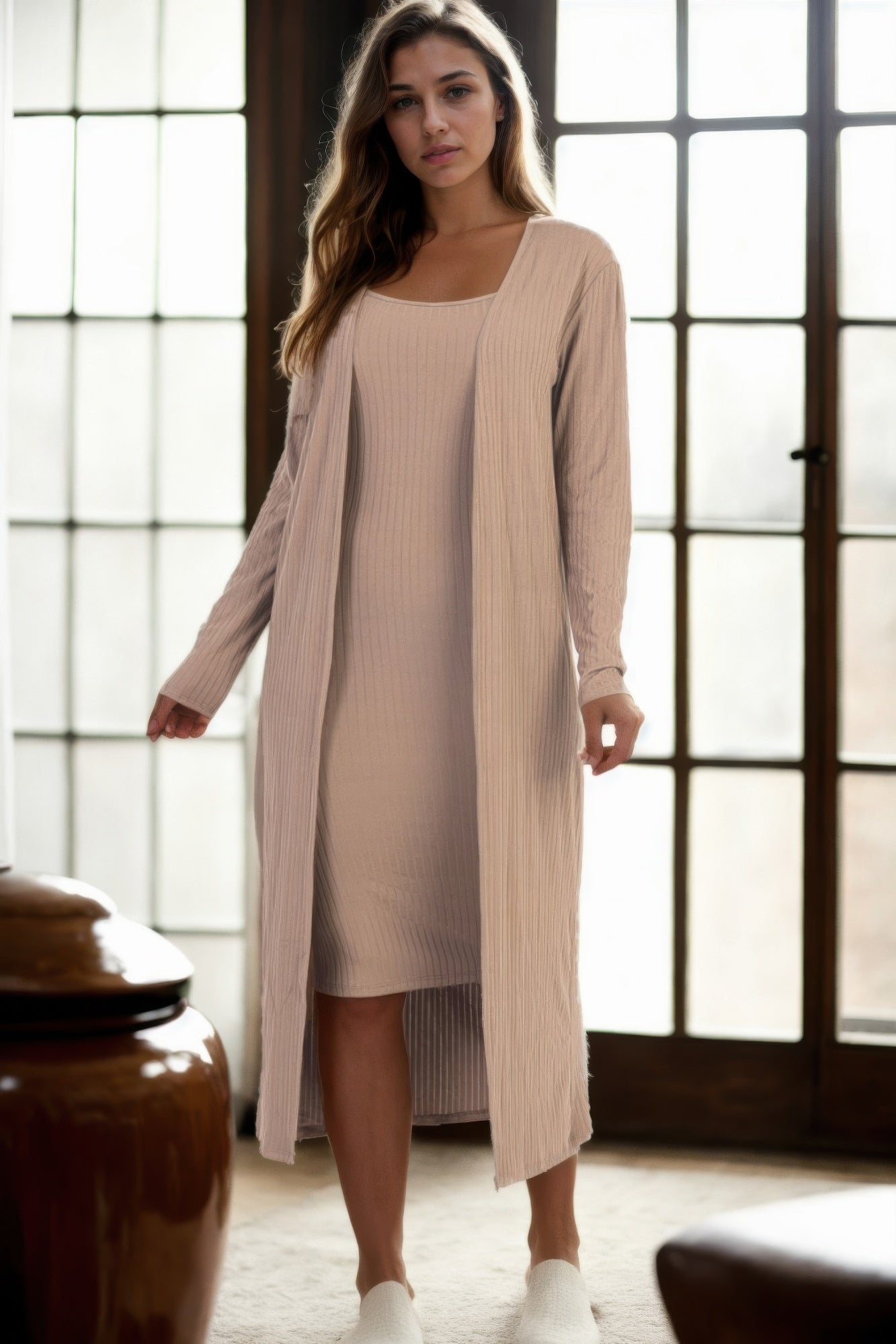 Ribbed Cardigan & Cami Midi Bodycon Dress product image