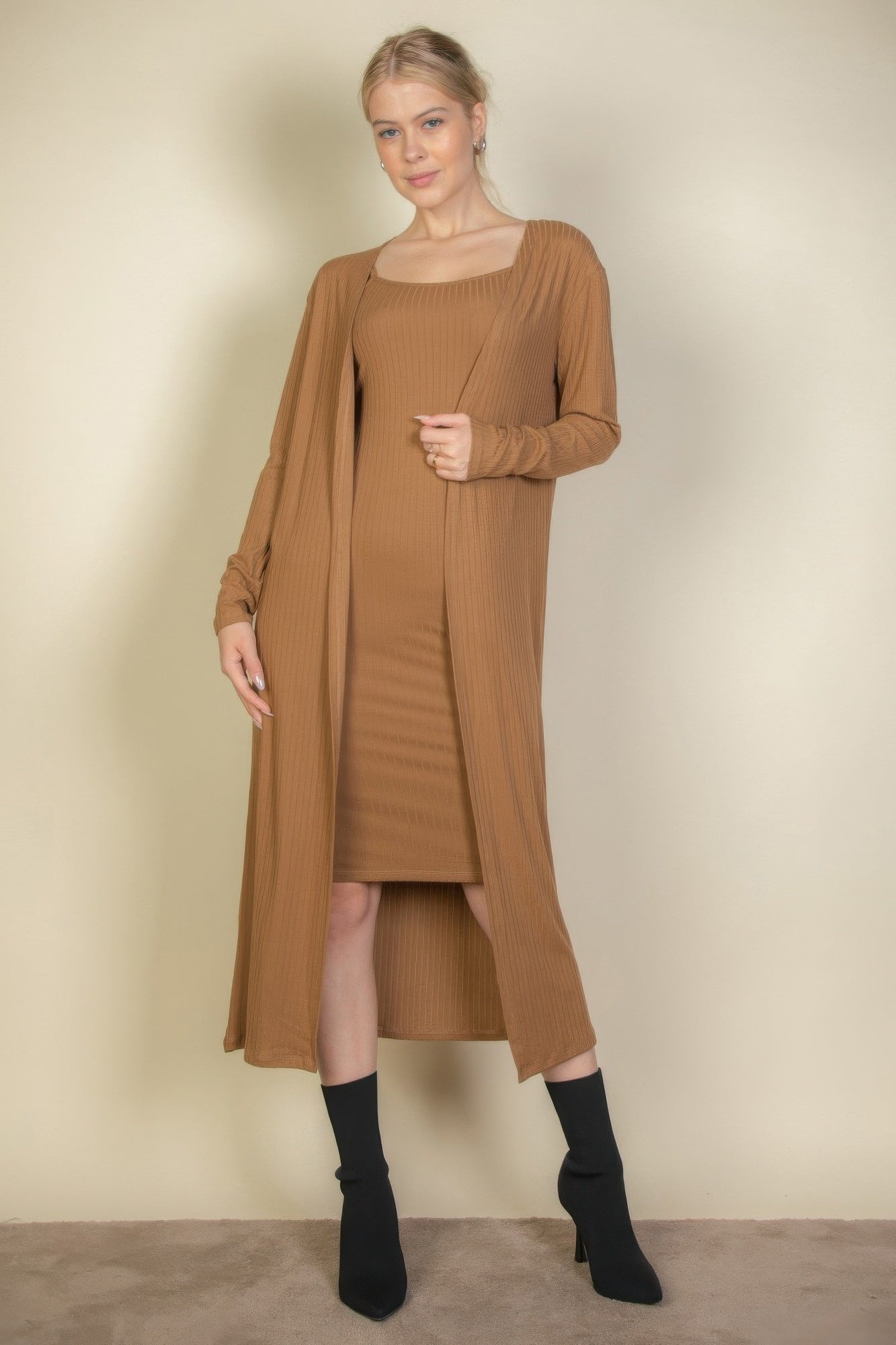 Ribbed Cardigan & Cami Midi Bodycon Dress product image