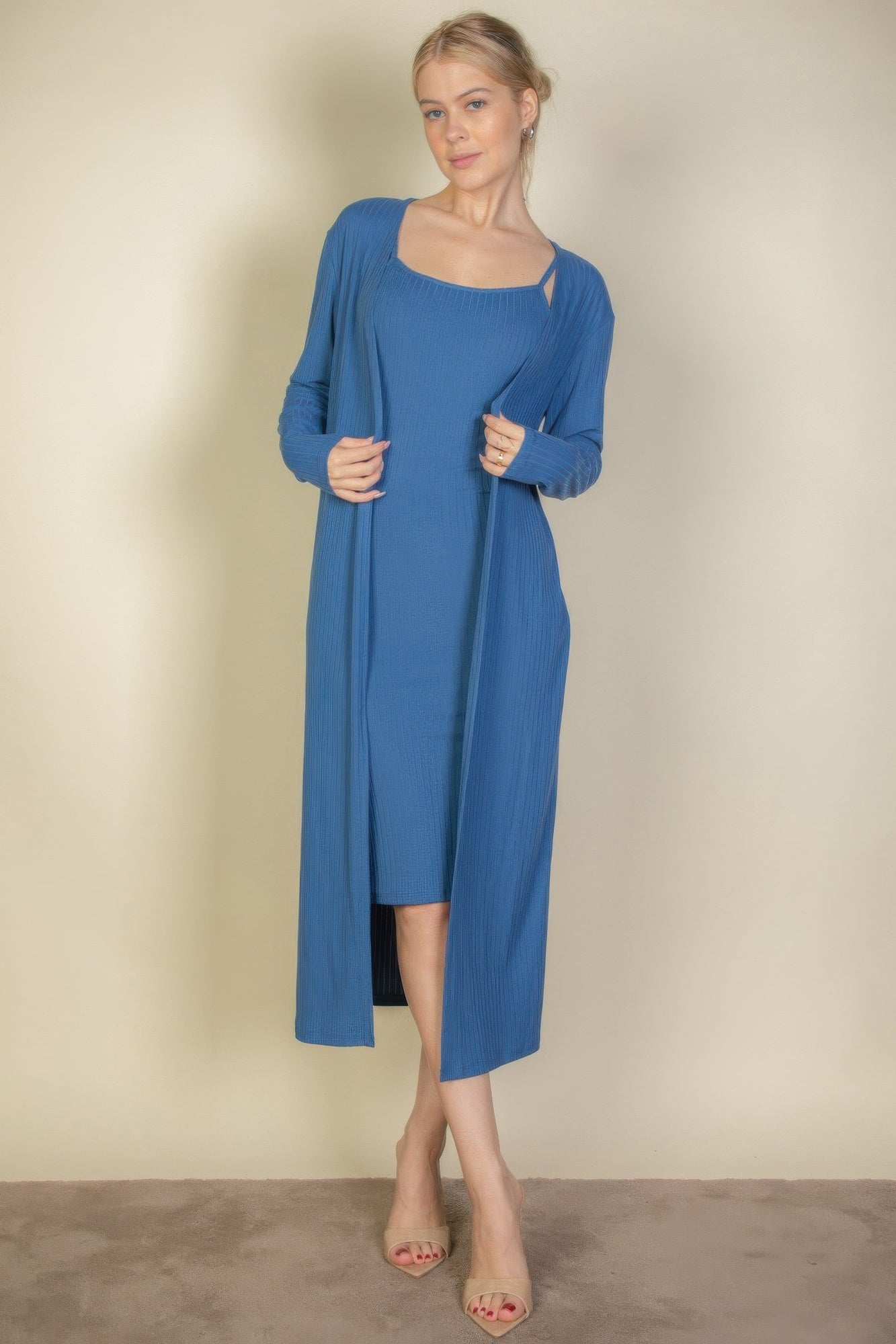 Ribbed Cardigan & Cami Midi Bodycon Dress product image