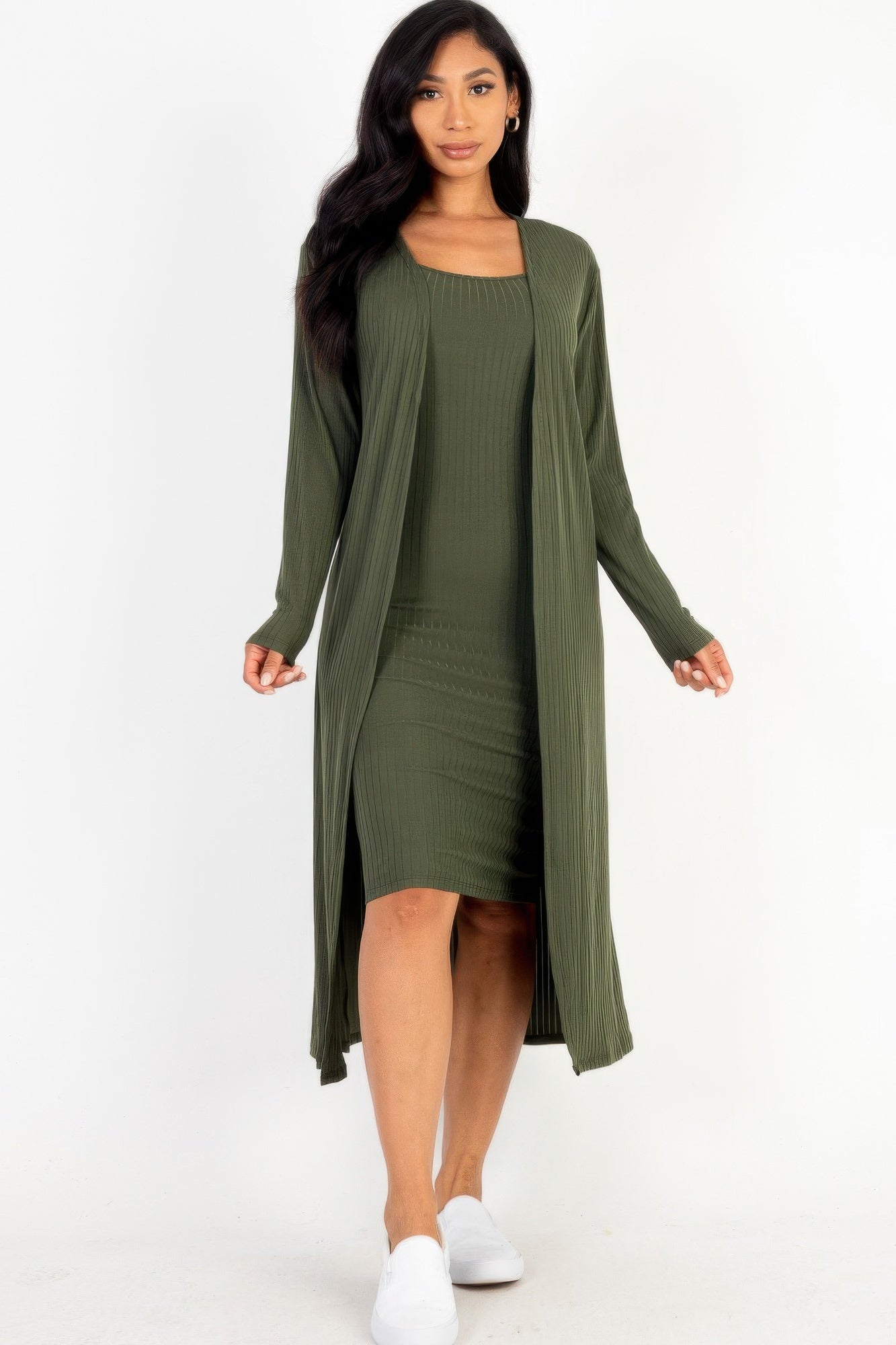 Ribbed Cardigan & Cami Midi Bodycon Dress product image