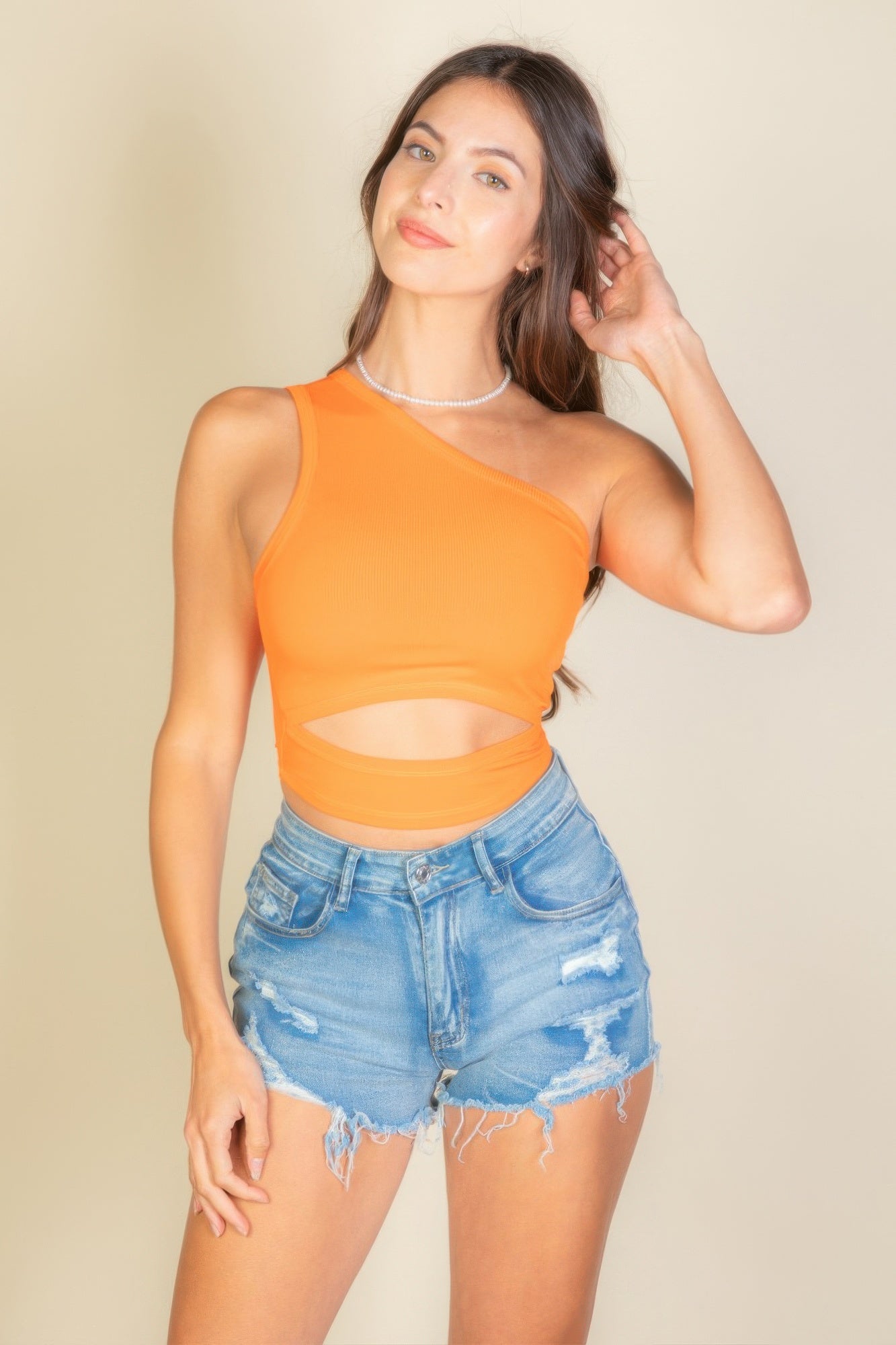 Ribbed Knit Cut Out One Shoulder Crop Top product image