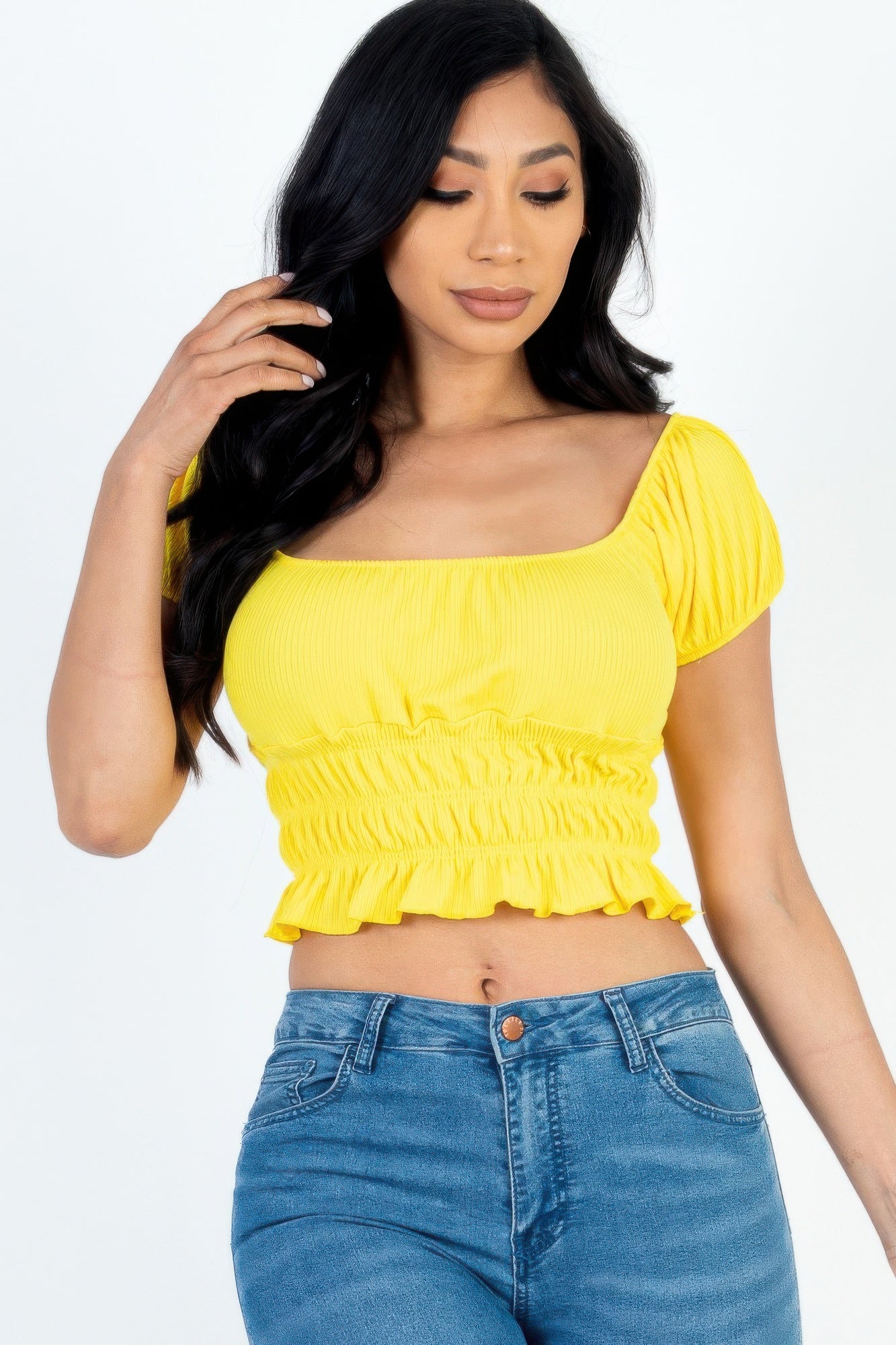 Casual Ruched Puff Sleeve Ribbed Knit Solid Top product image