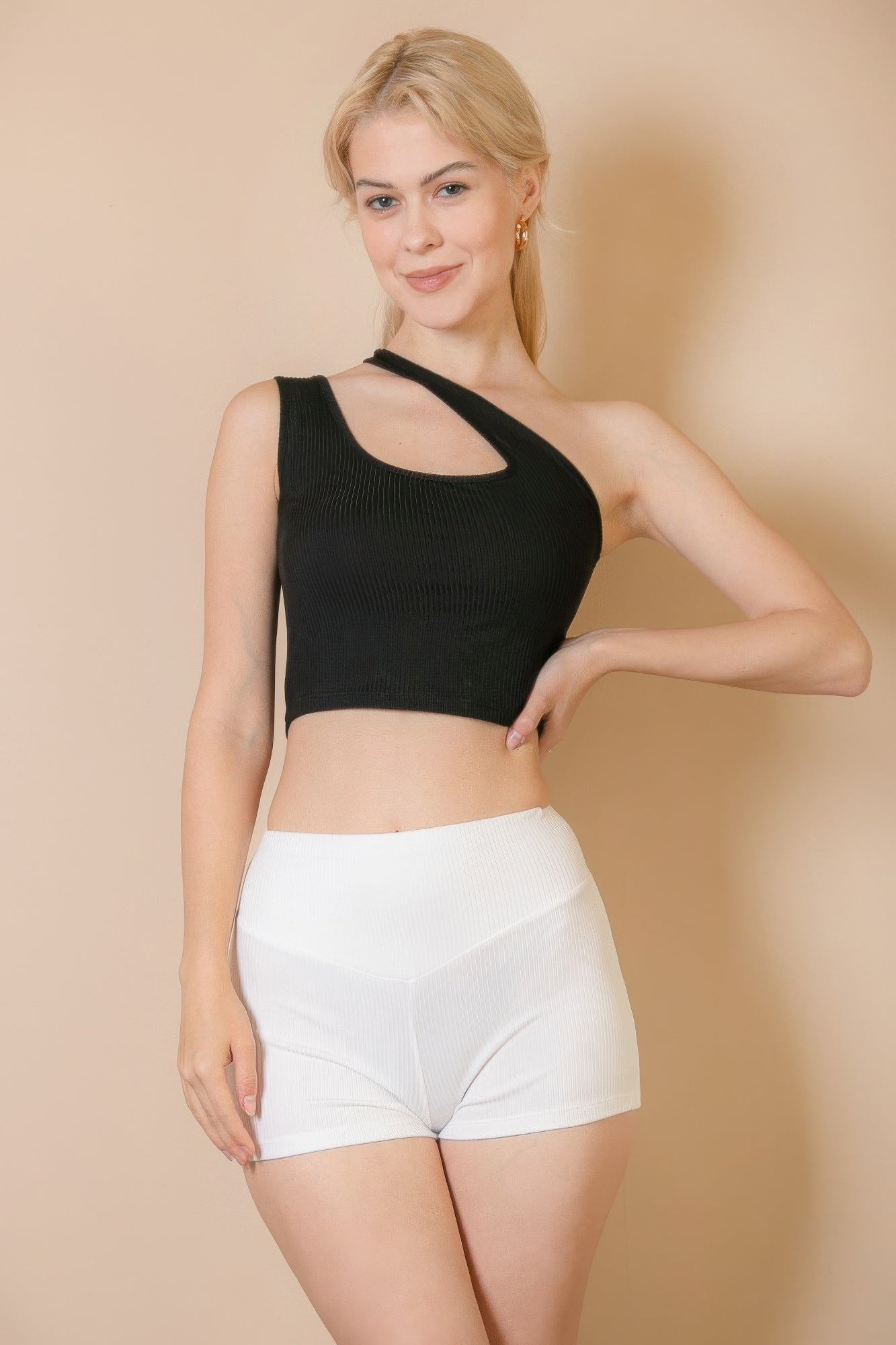 Ribbed One Shoulder Cross Strap Crop Top product image