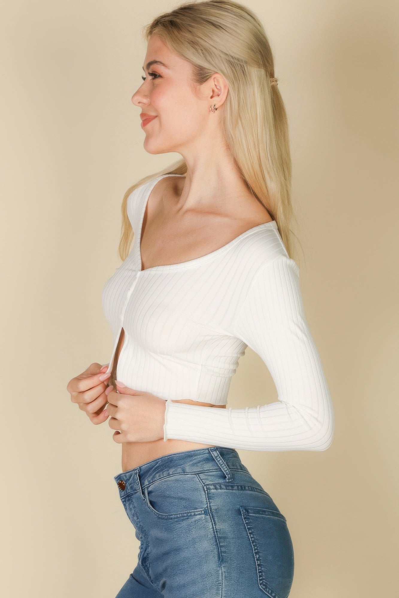 Ribbed Button Front Split Long Sleeve Top product image