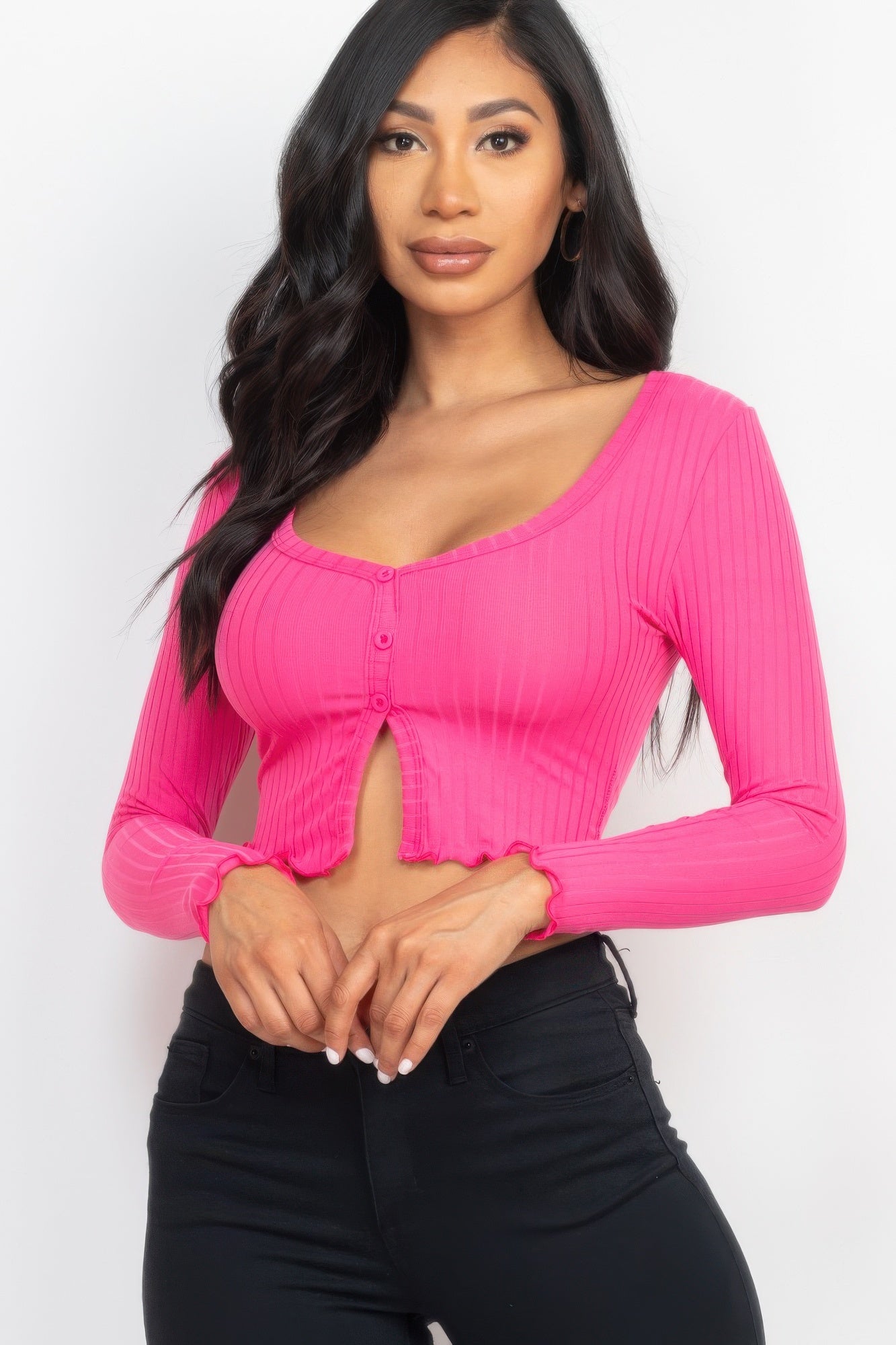 Ribbed Button Front Split Long Sleeve Top product image