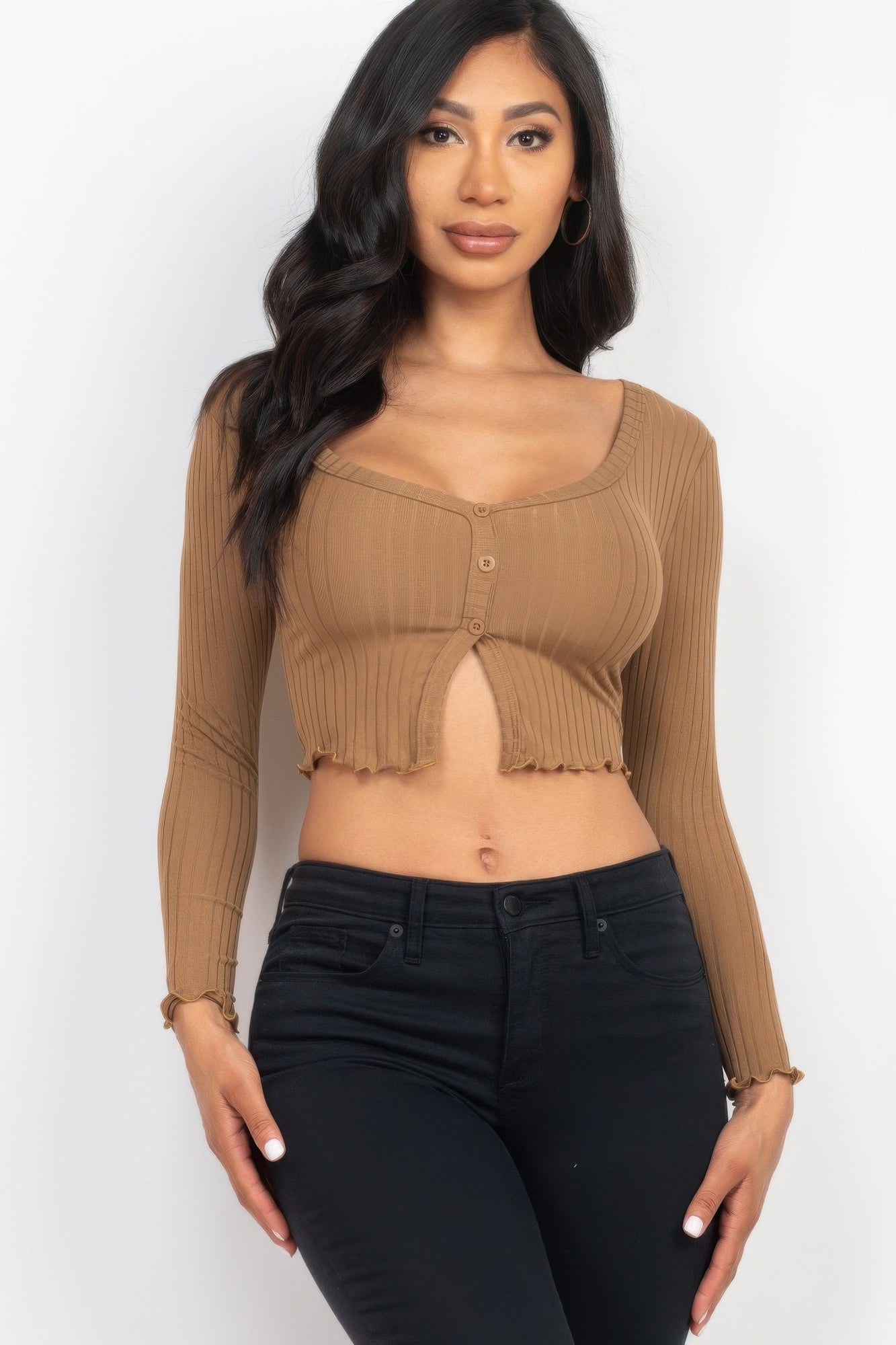 Ribbed Button Front Split Long Sleeve Top product image