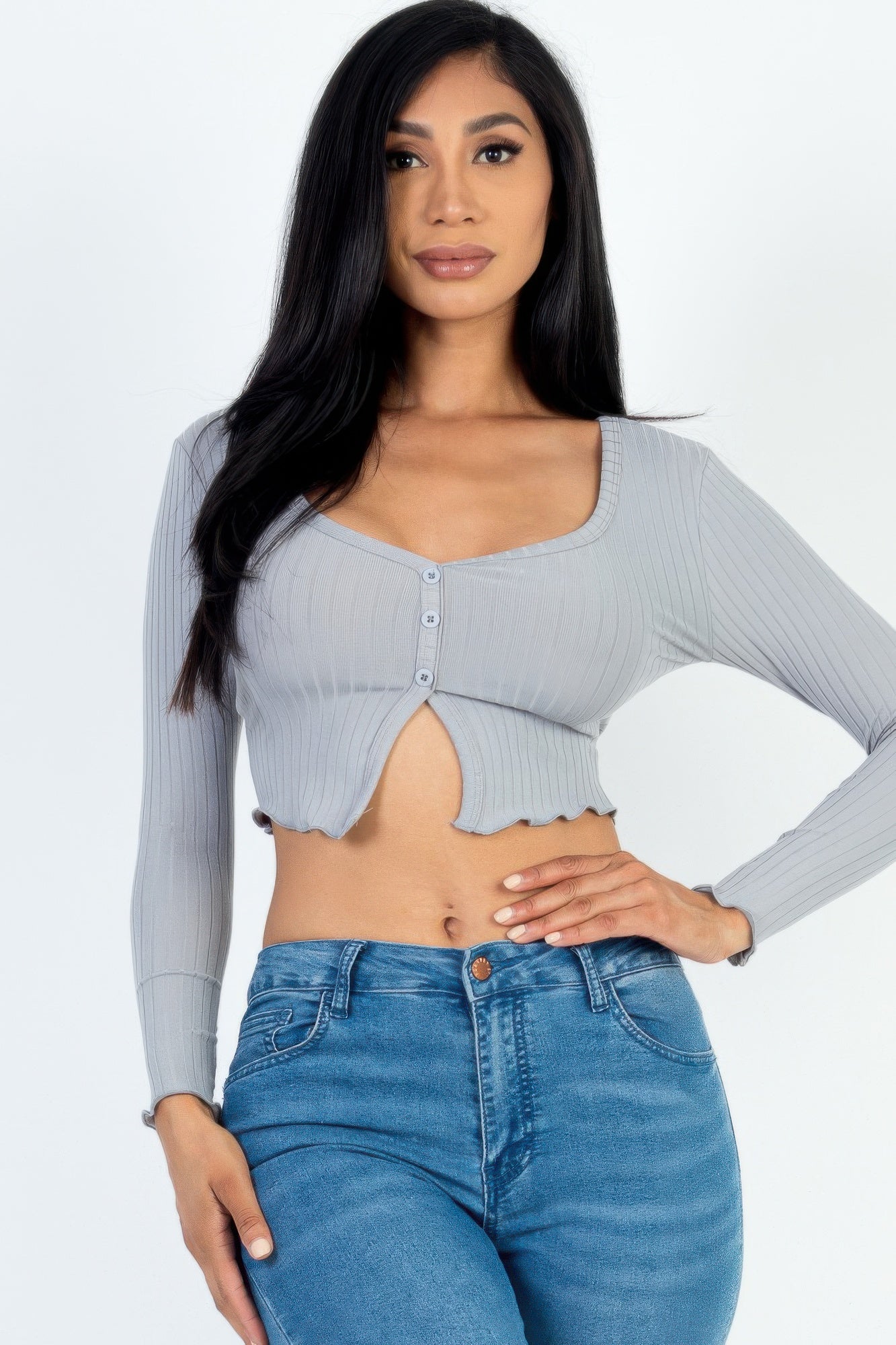 Ribbed Button Front Split Long Sleeve Top product image