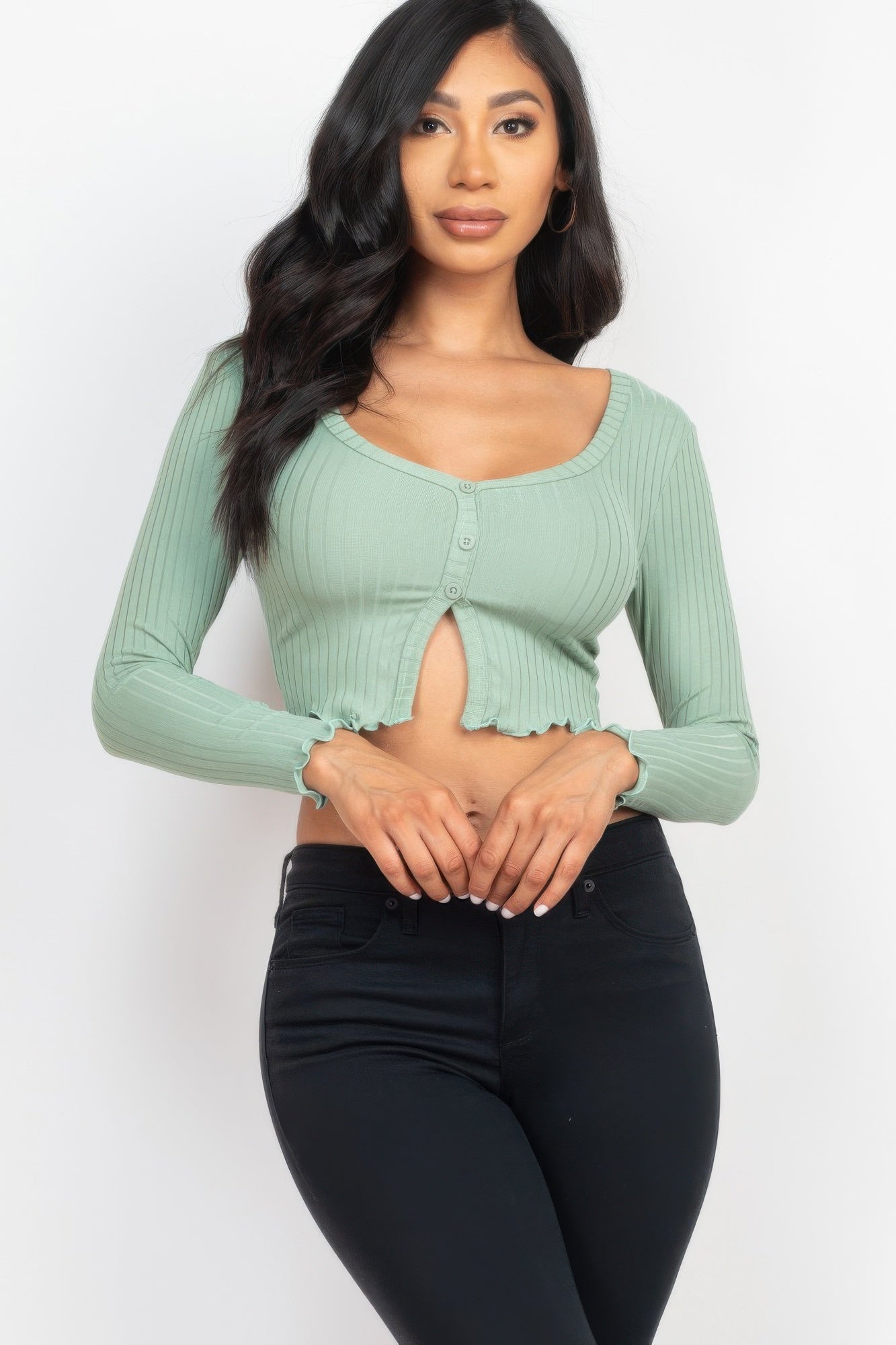 Ribbed Button Front Split Long Sleeve Top product image